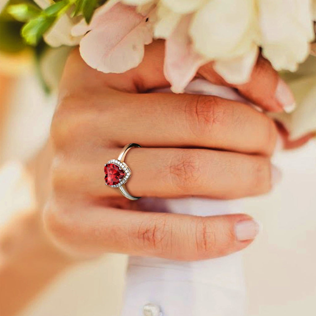 S925 Sterling Heart Rings for Women Sparkle Open Band Ring July Created Ruby Rings Size 6-12
