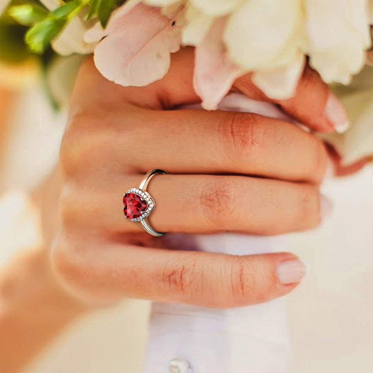 S925 Sterling Heart Rings for Women Sparkle Open Band Ring July Created Ruby Rings Size 6-12