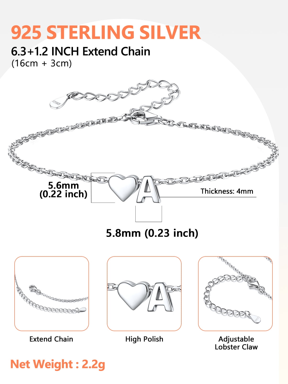 Women's Sterling Bracelets Heart &amp; Alphabet Letter A Initial Bracelet Charm Jewelry Gifts for Her