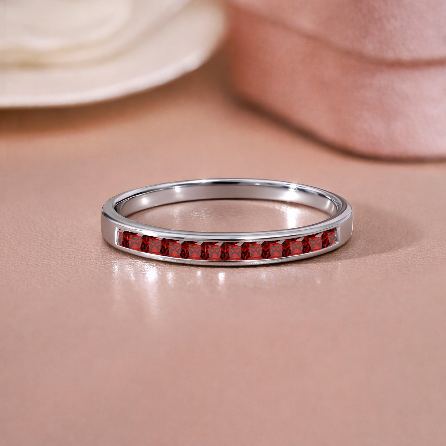 0.25 Princess Cut September Wedding Band - Pave Channel Band - 18K White Plating for Women