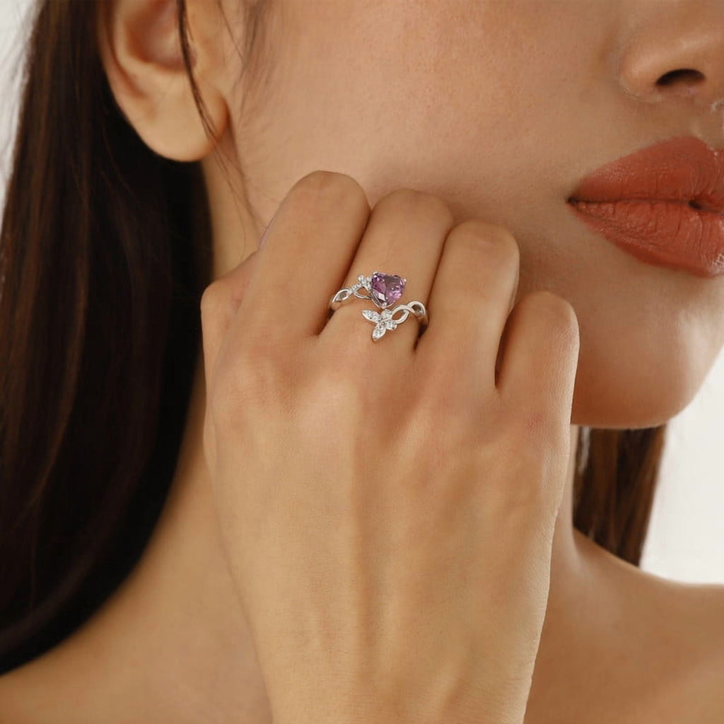 Heart Halo Ring,Butterfly 925 Sterling Adjustable Open Band Rings Valentines Jewelry Gifts for Women Mom-March