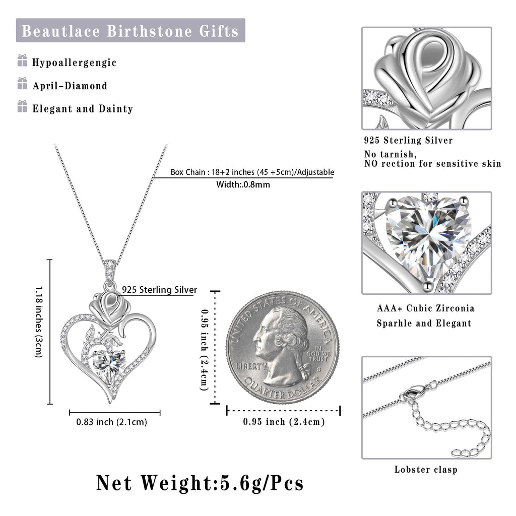 925 Sterling Necklace Rose Flower Heart Pendant Jewelry Valentines Gifts for Women Mom Wife/Lover