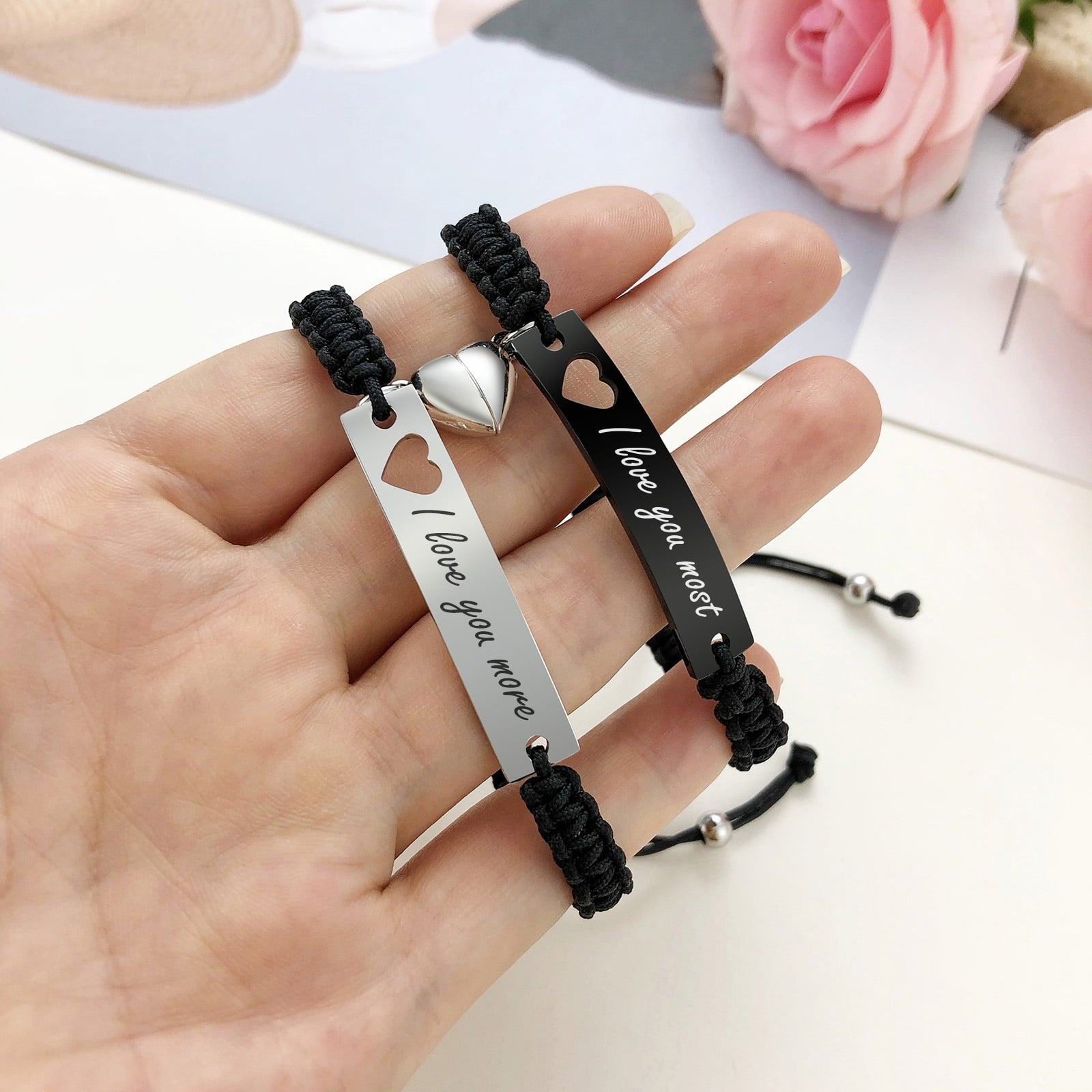 Magnetic Couples Bracelet, Adjustable Matching Macrame Bracelets, Stainless Steel Distance Relationship Bracelet, BF and GF Gifts