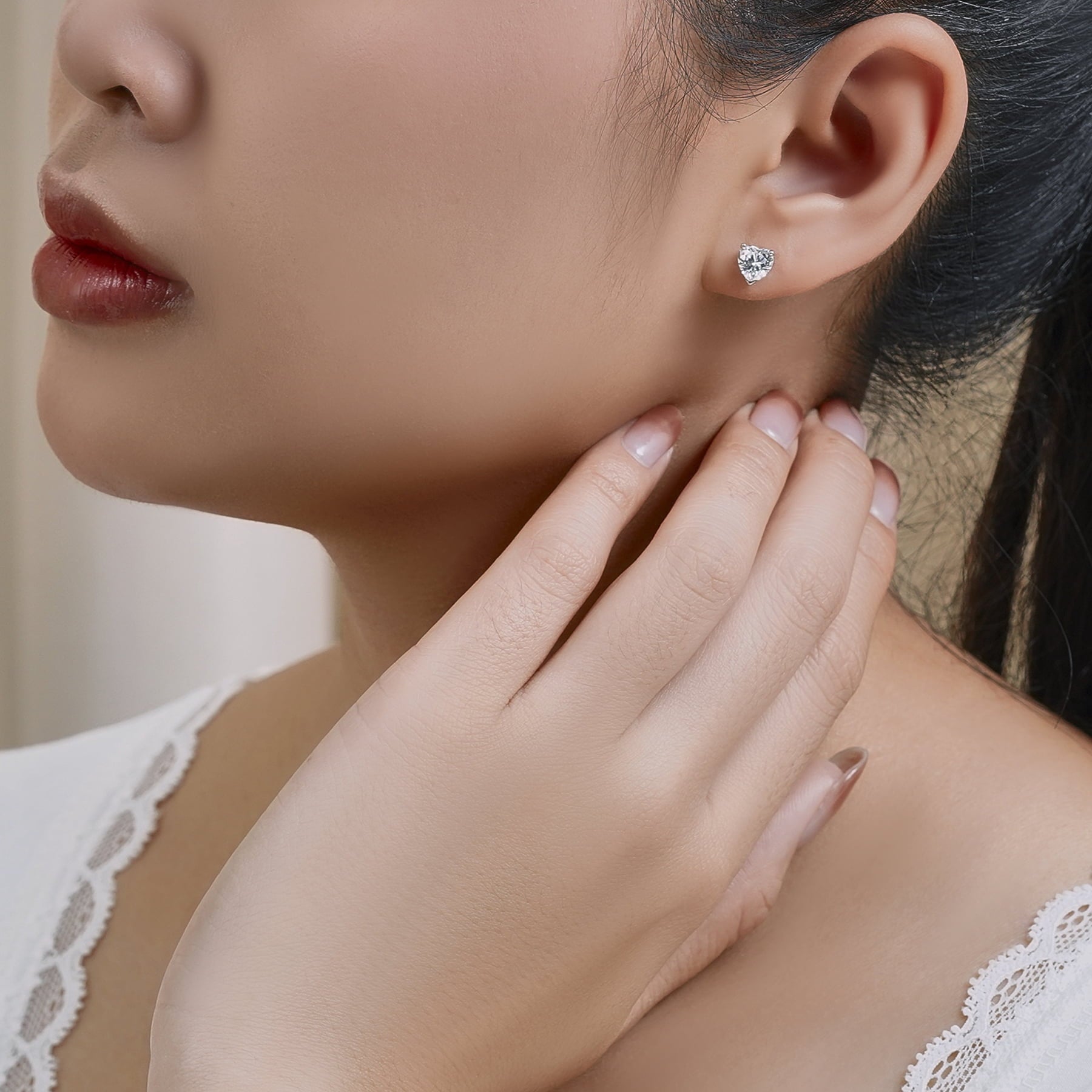 1.5 Heart Cut - Cubic Zirconia - April Solitaire Stud Earrings in 18K White Plating for Women