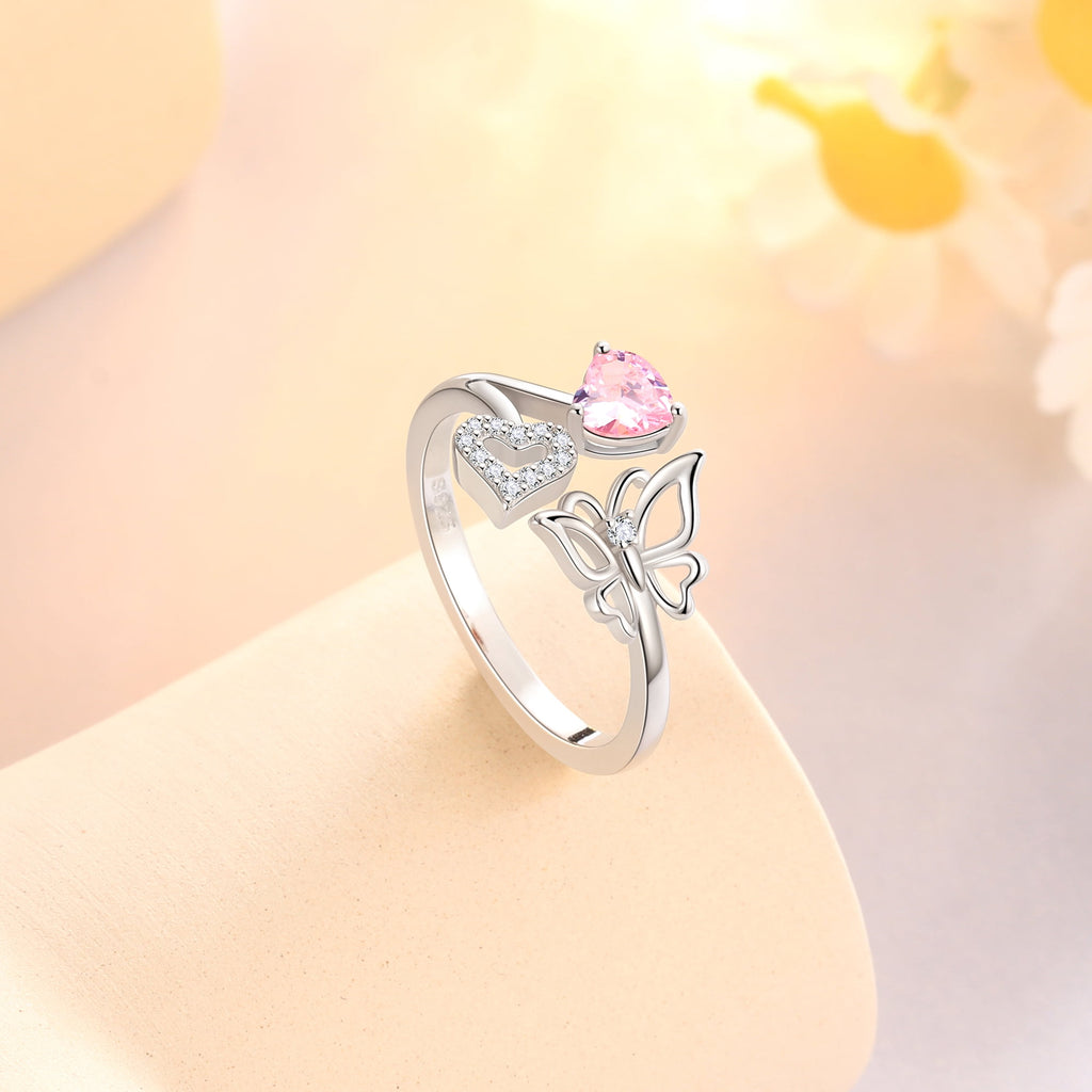 Rose Heart Ring,925 Sterling Adjustable Open Heart Rings Jewelry Gifts for Women Mom -December
