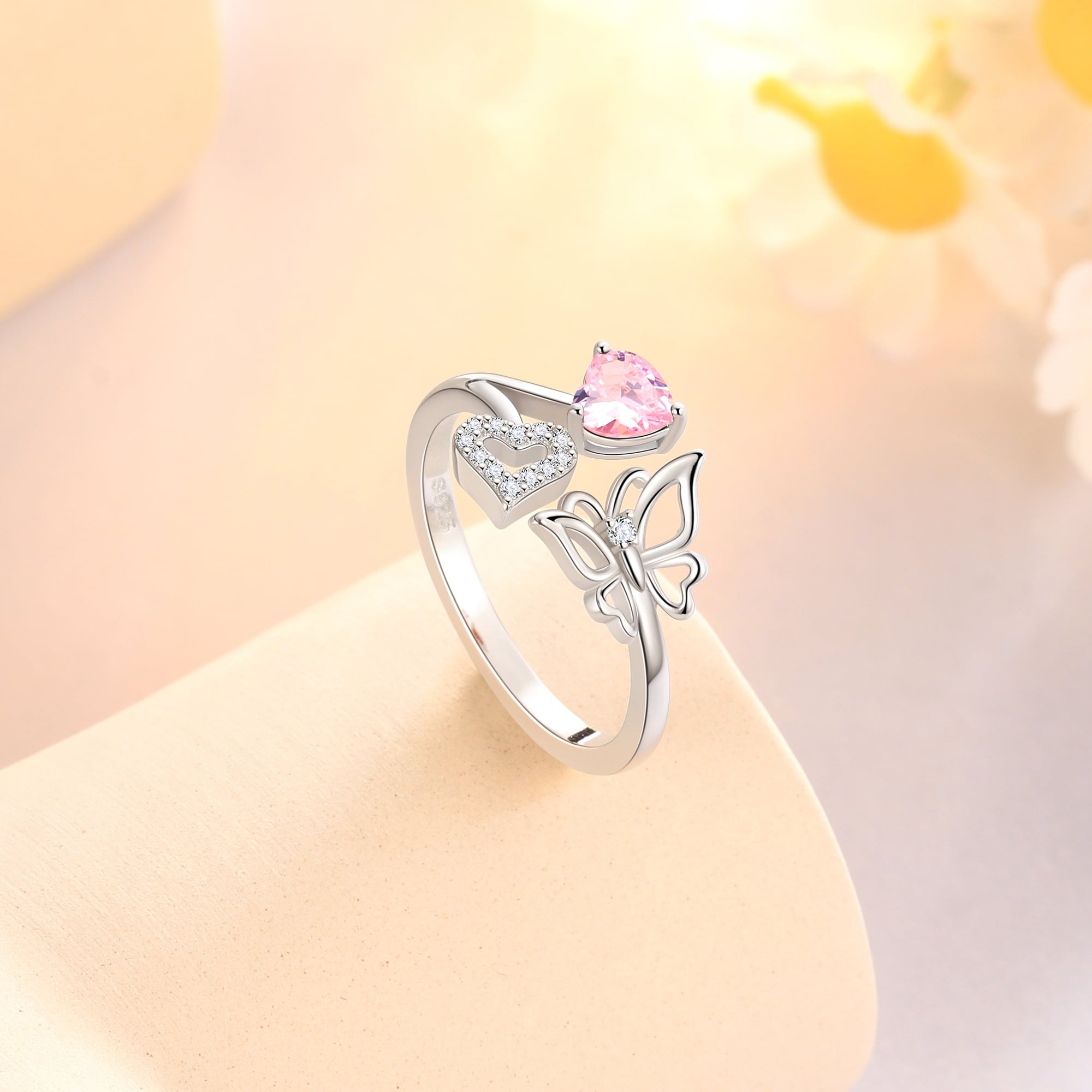 Rose Heart Ring,925 Sterling Adjustable Open Heart Rings Jewelry Gifts for Women Mom -December