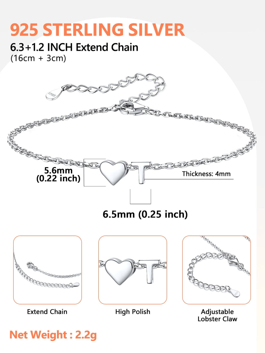 Women's Sterling Bracelets Heart &amp; Alphabet Letter A Initial Bracelet Charm Jewelry Gifts for Her