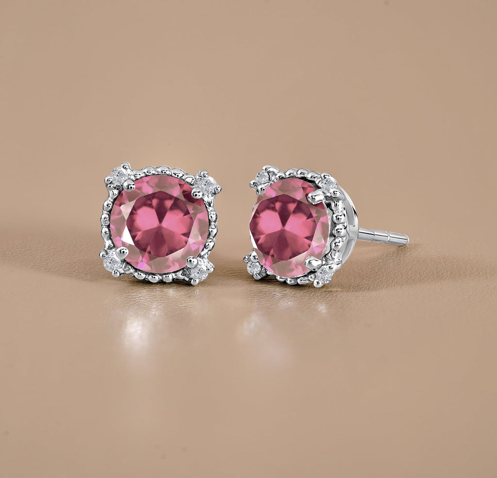 3.5 Round Cut April Stud Earrings - Halo Milgrain Earrings in 18K White Plating for Women