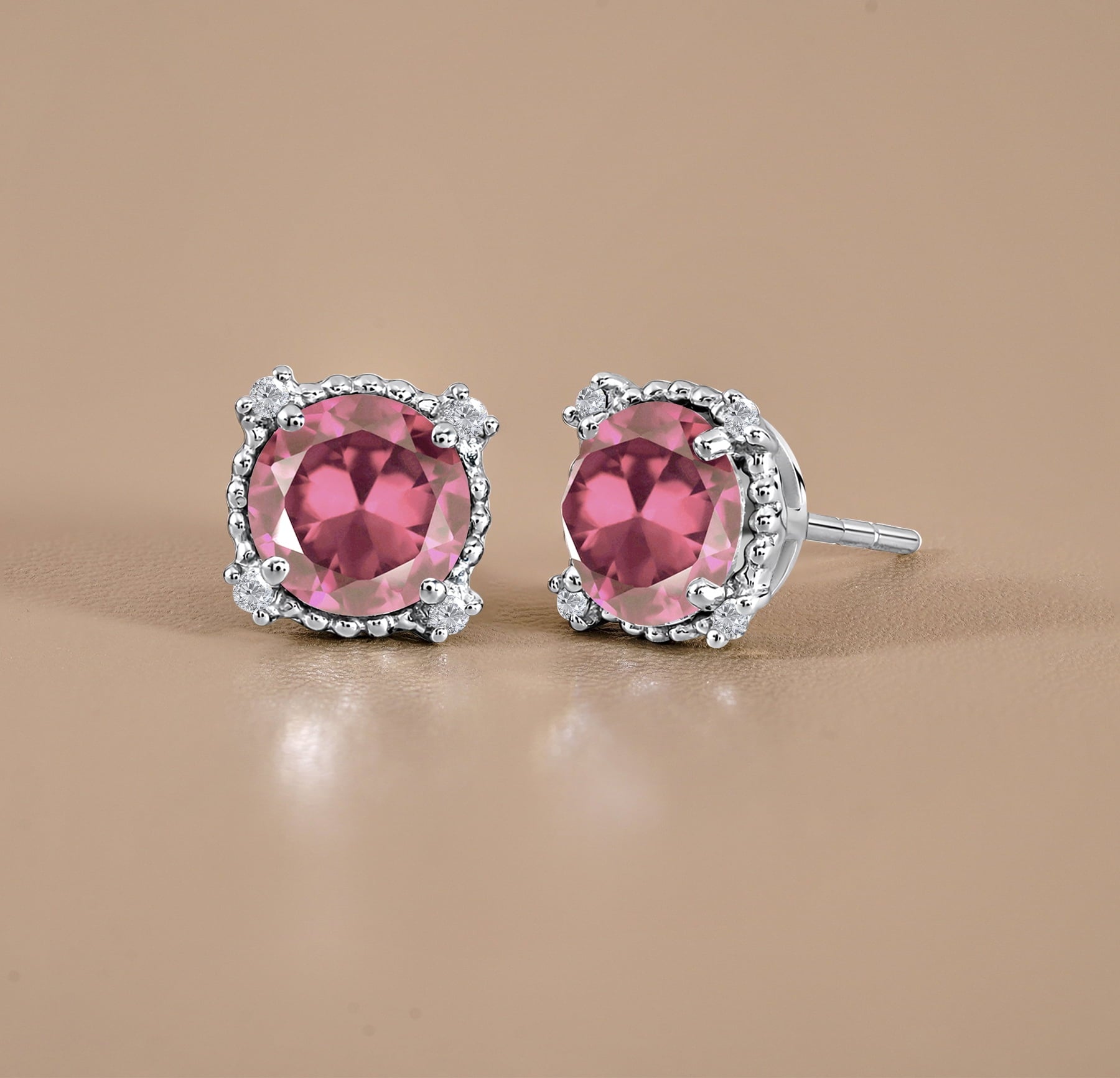 3.5 Round Cut April Stud Earrings - Halo Milgrain Earrings in 18K White Plating for Women