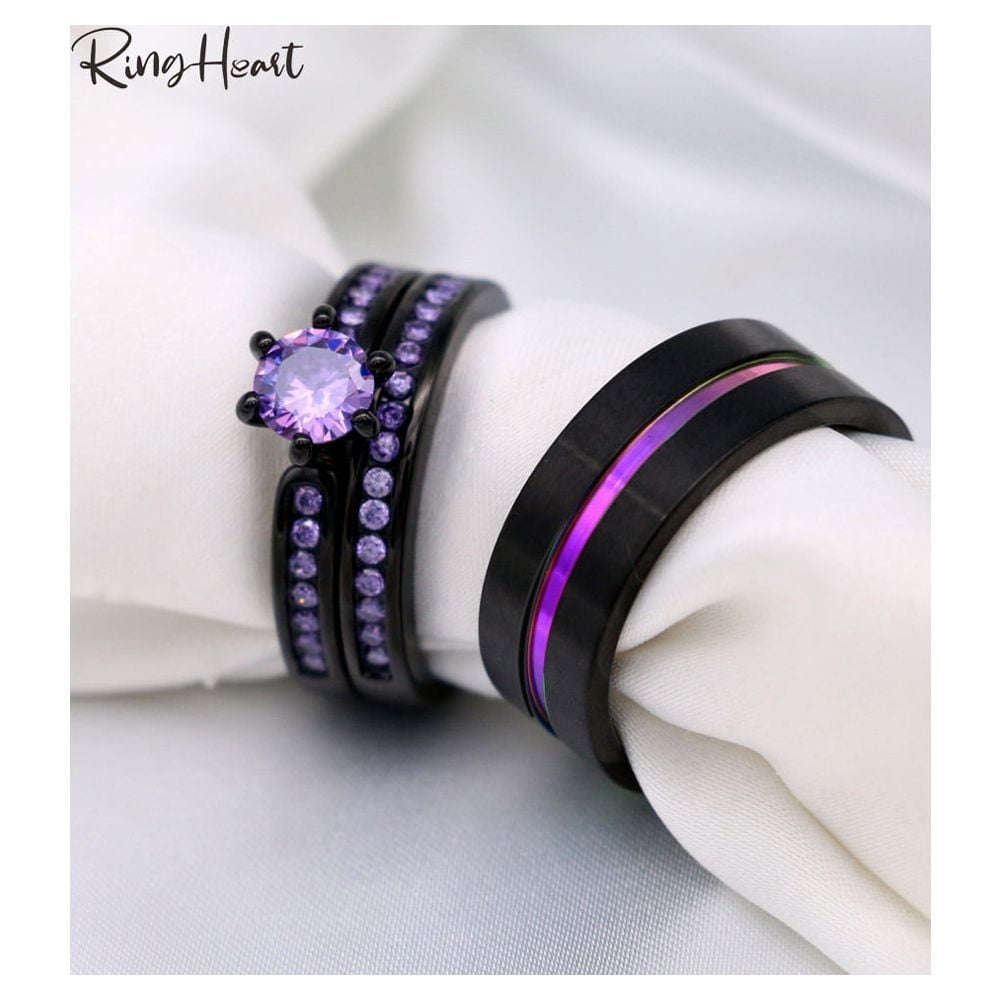 Matching Rings Couple Rings Black Plated 1CT Purple Cz Women Wedding Ring Sets