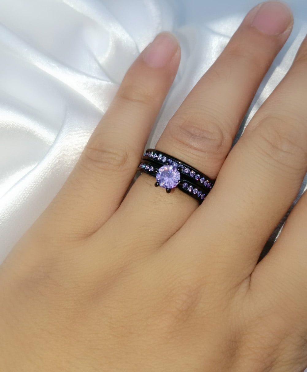 Matching Rings Couple Rings Black Plated 1CT Purple Cz Women Wedding Ring Sets