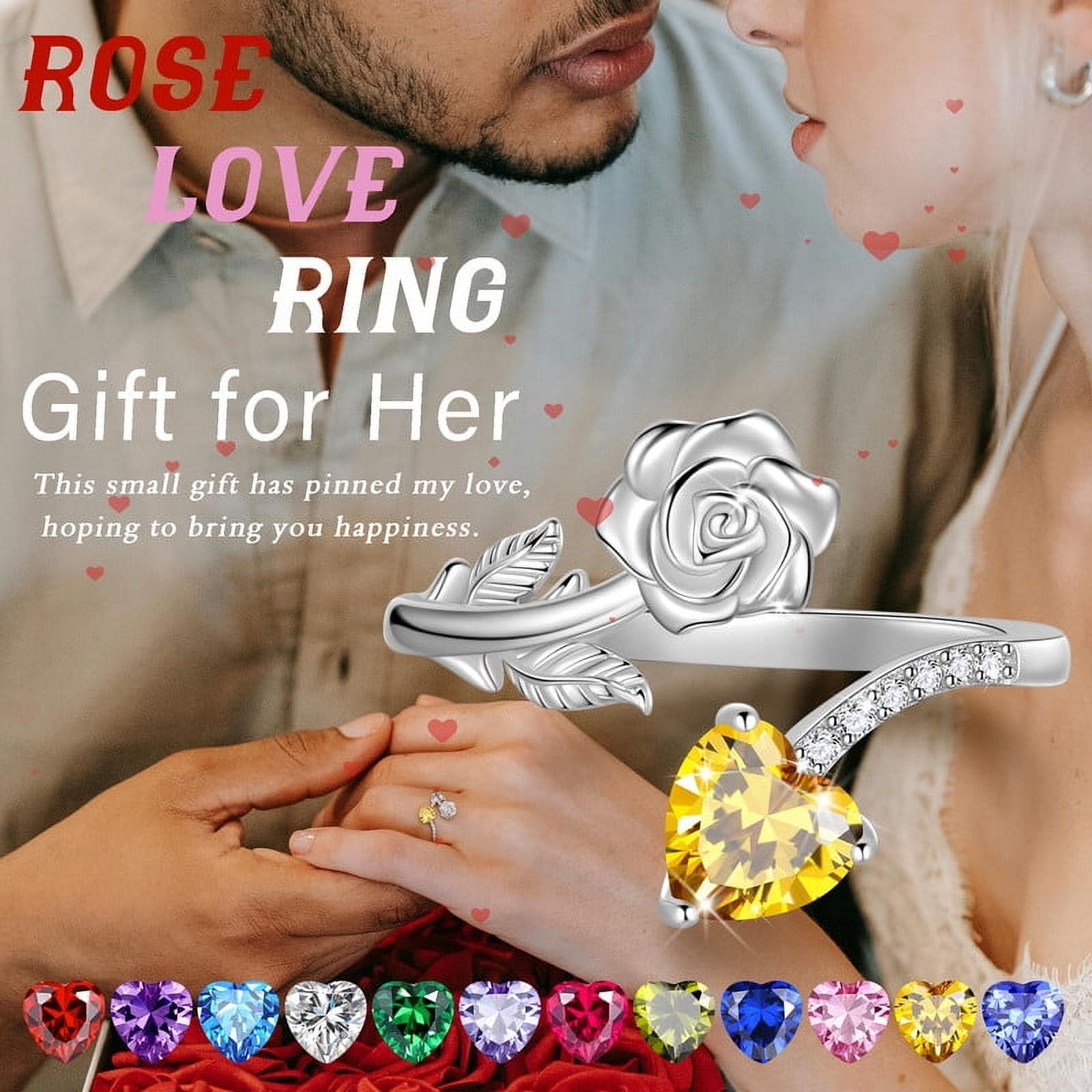 Rose Heart Ring,925 Sterling Adjustable Open Heart Rings Jewelry Gifts for Women Mom -December