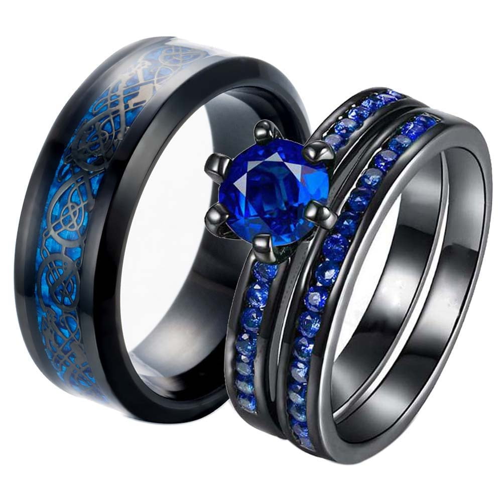 Matching Rings Couple Rings Black Plated 1CT Purple Cz Women Wedding Ring Sets