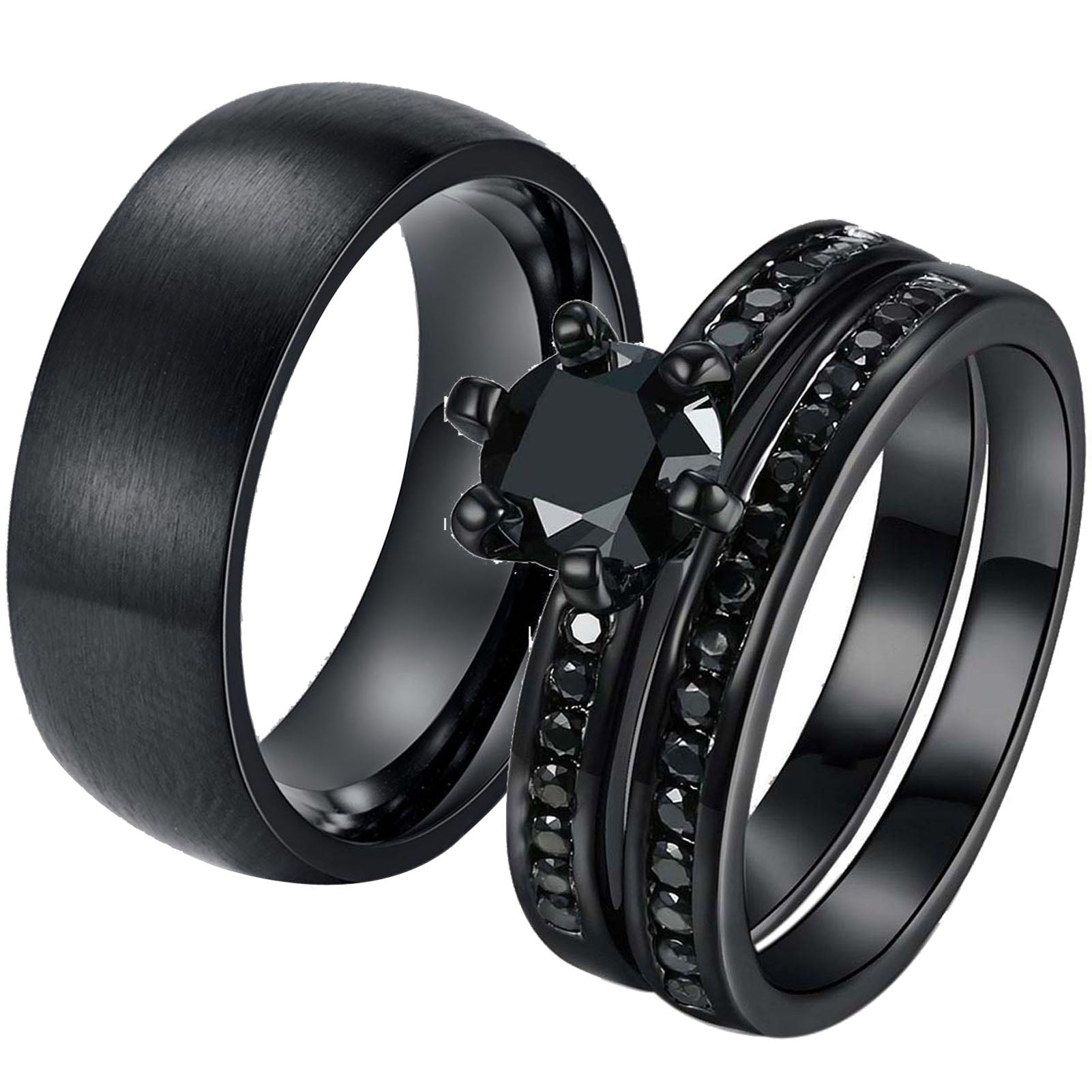 Matching Rings Couple Rings Black Plated 1CT Purple Cz Women Wedding Ring Sets