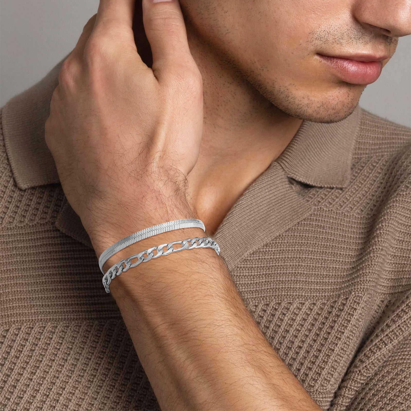 3 Pcs Sterling Plated Bracelets for Men Women Boys Charm Cuban Figaro Herringbone Chain Bracelets Set Easter Basket Stuffers Jewelry Gifts Teen Adults Kids 6.5/7/7.5/8.3/9 Inch