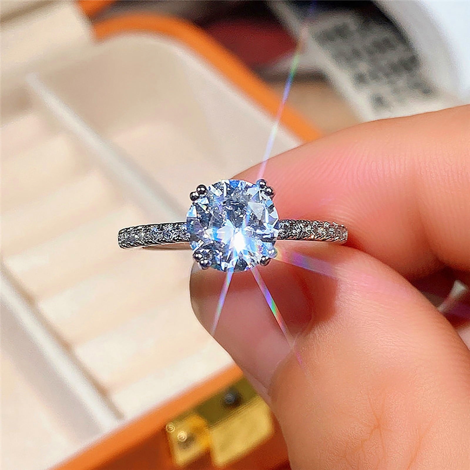 Women Round Diamond Zirconia Ring Ladies Jewelry Engaged Ring (,6)