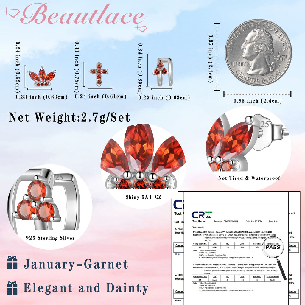 3 Pairs 925 Sterling Cross Earrings Set for Women, Flower Studs and Ear Cuffs Jewelry Set for Her