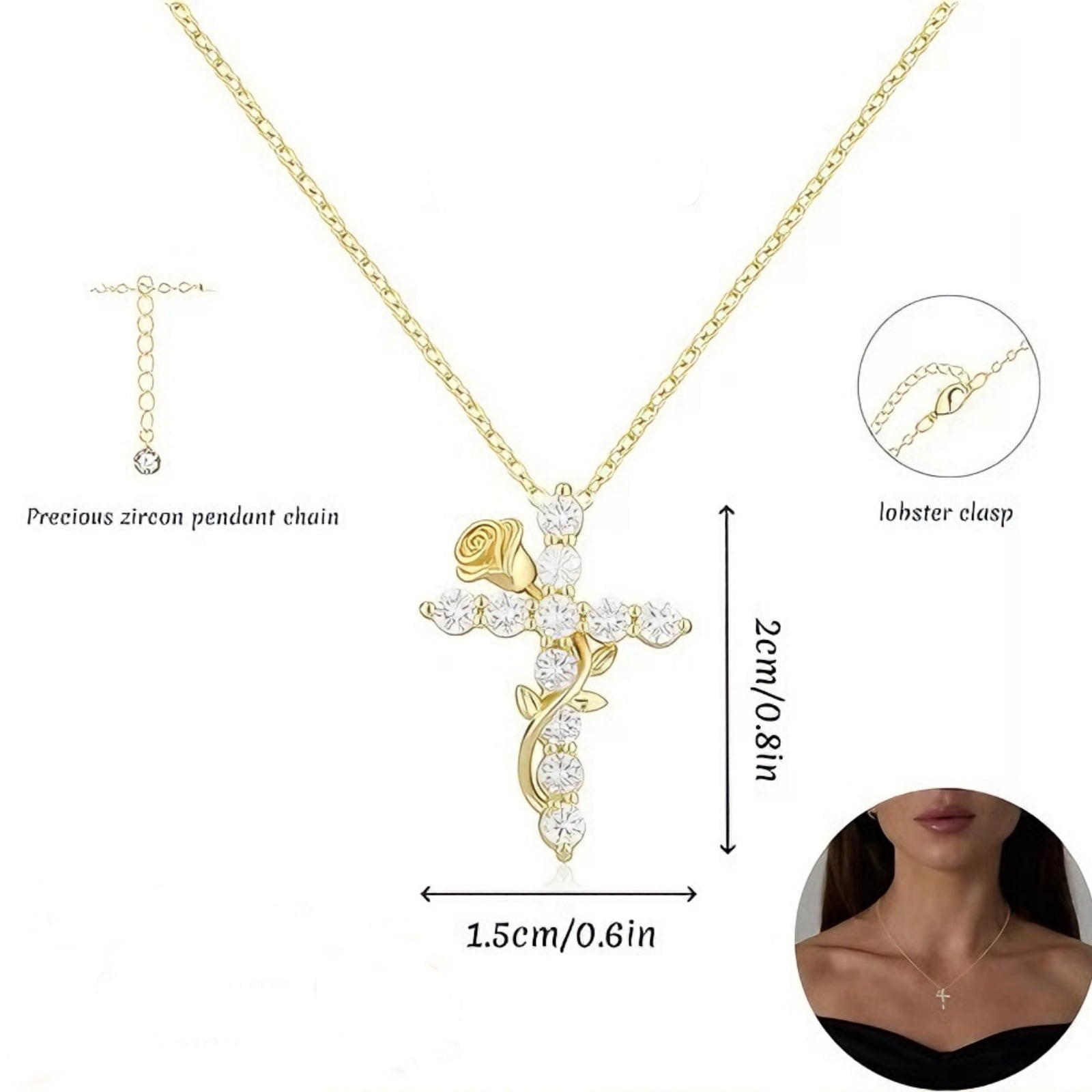 14K Plated Zirconia Cross Pendant Necklace for Women with 925
