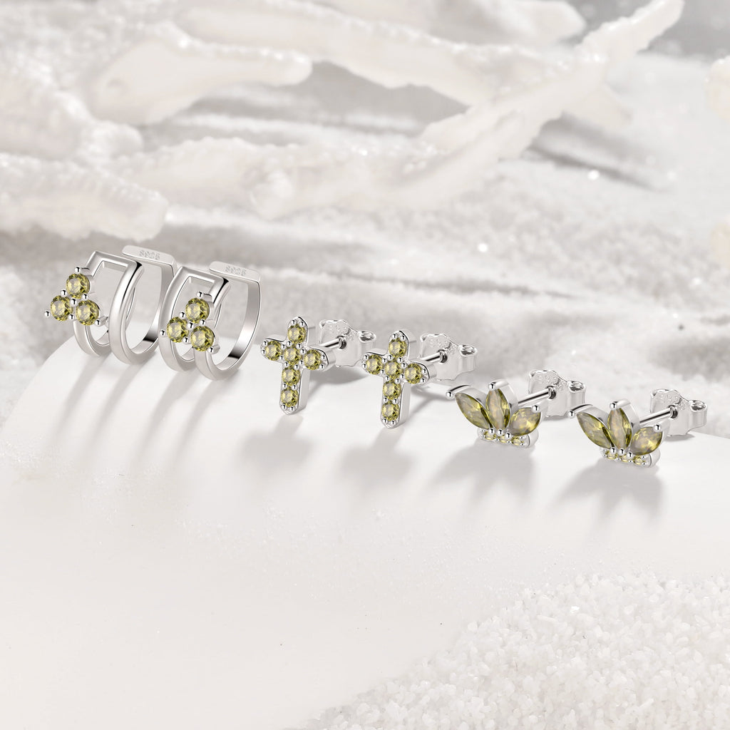3 Pairs 925 Sterling Cross Earrings Set for Women, Flower Studs and Ear Cuffs Jewelry Set for Her
