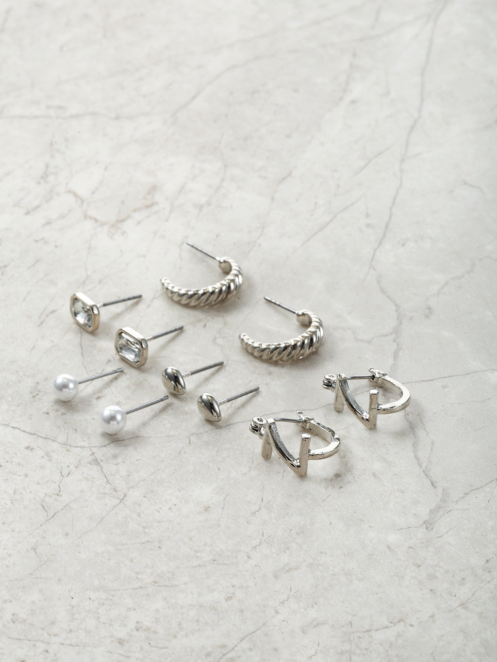 Silvertone Multi Earring Set, 5 Pairs, Initial B