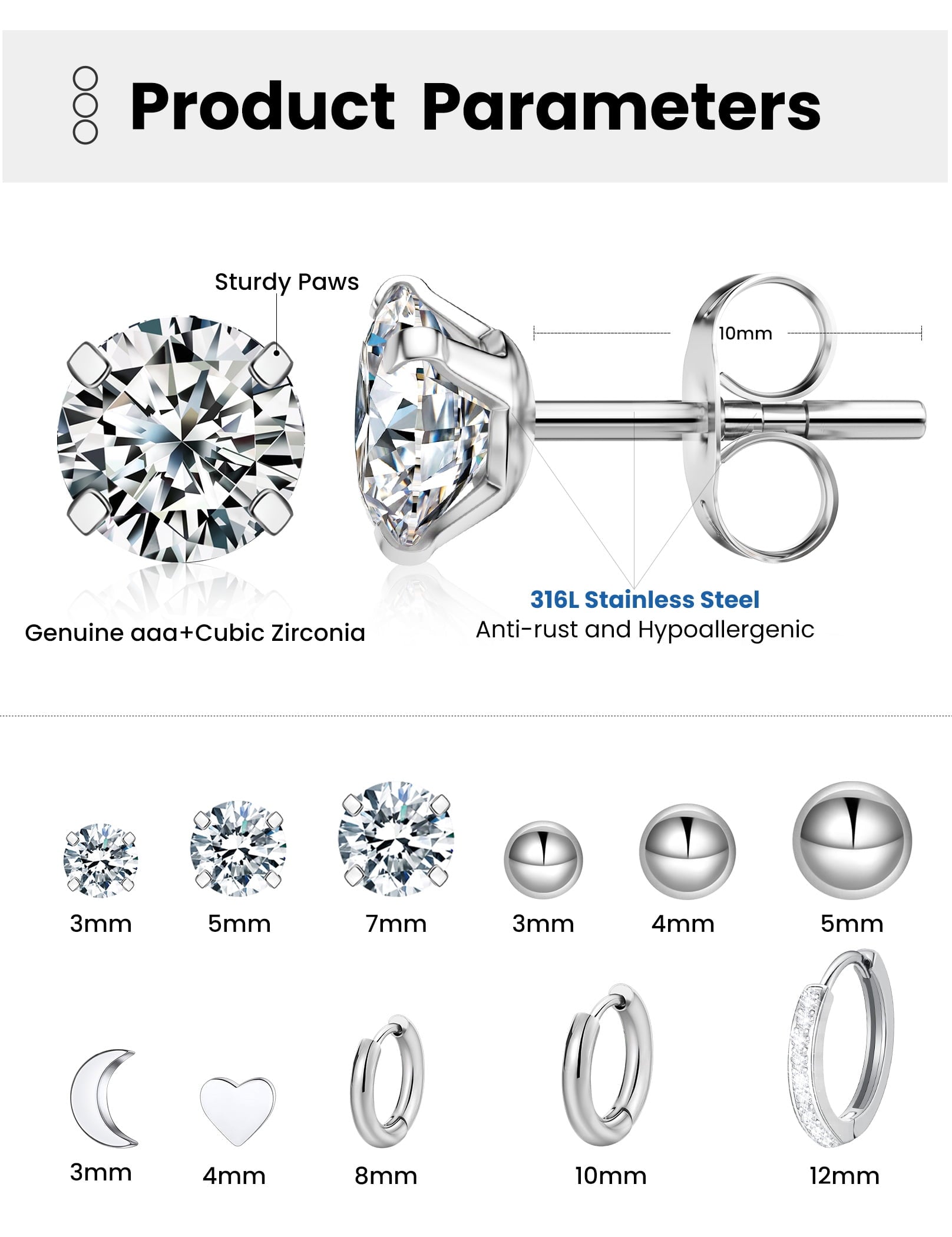 6 Pairs Stud Earrings Hypoallergenic Surgical Steel Cubic Zirconia Earrings