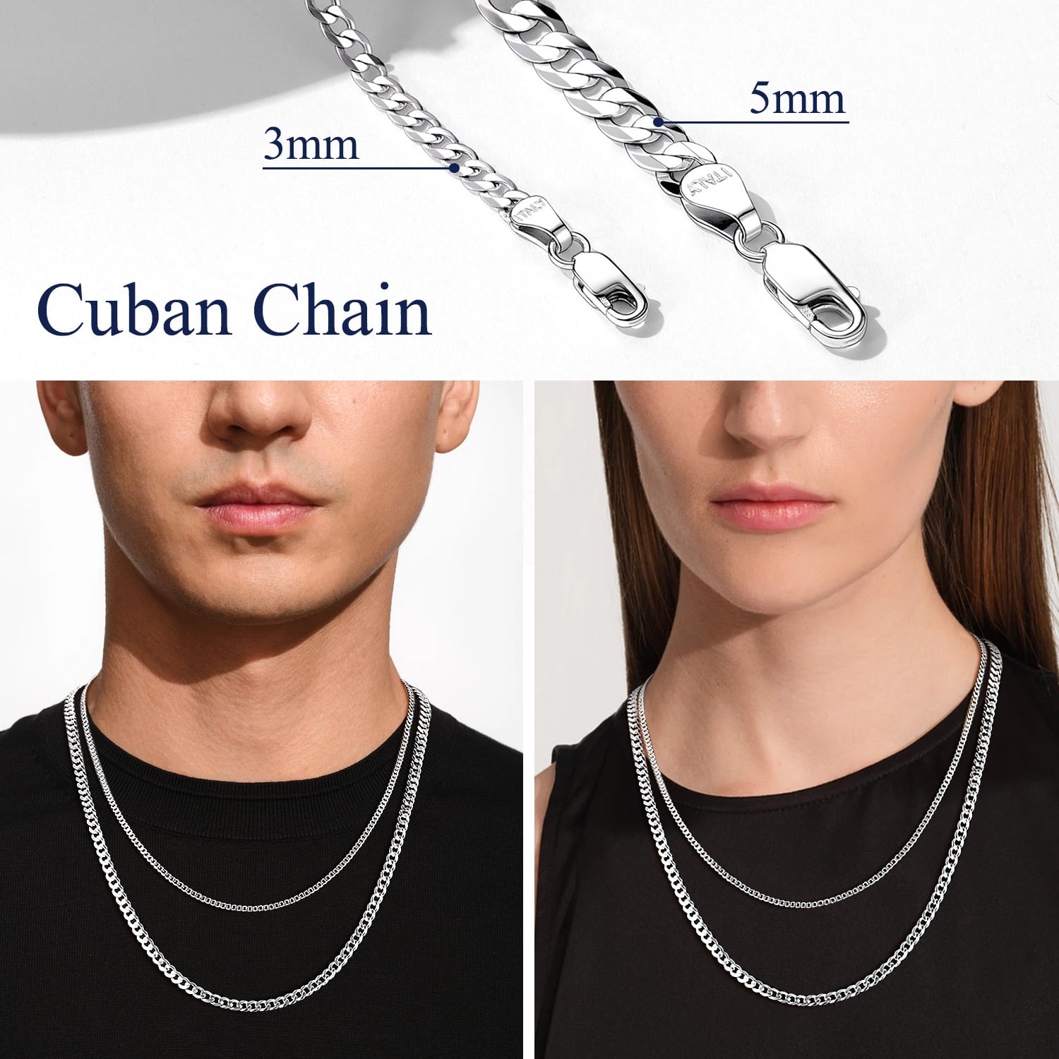 Solid 925 Sterling Chain Necklace 3mm Flat Curb Cuban Link Chain Jewelry for Men Women