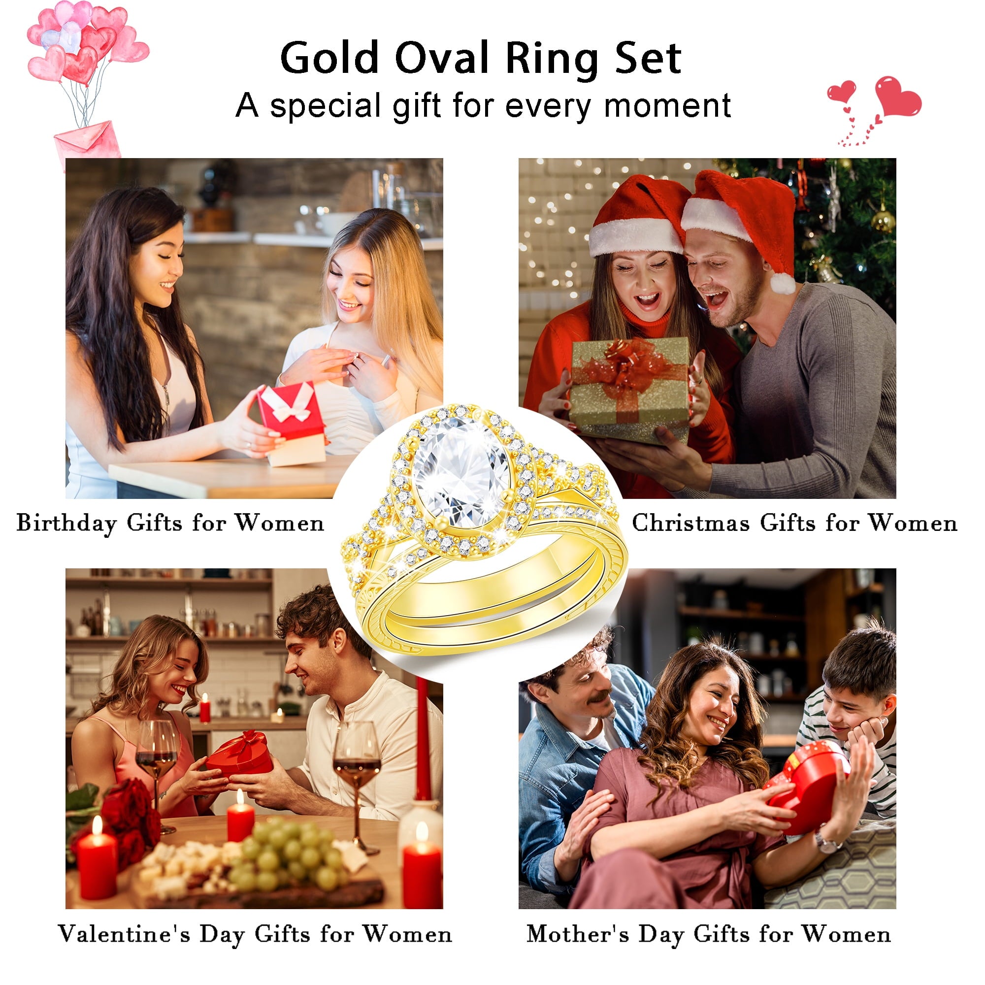 S925 Sterling Plated Oval Wedding Rings for Women CZ Eternity Band Engagement Rings Set Valentines Day Jewelry Gifts Her Mom Wife Girlfriend Adults Ideas