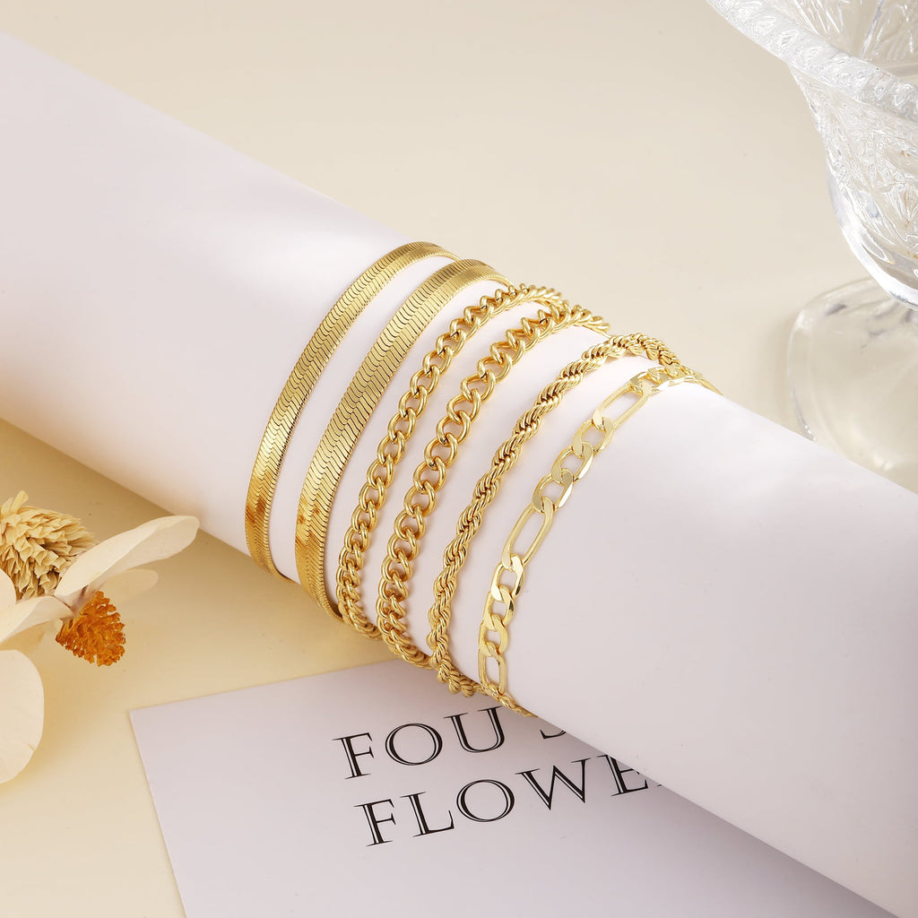 6PCS Bracelets for Women 14K Plated Dainty Layered Stacking Jewelry Set Gifts