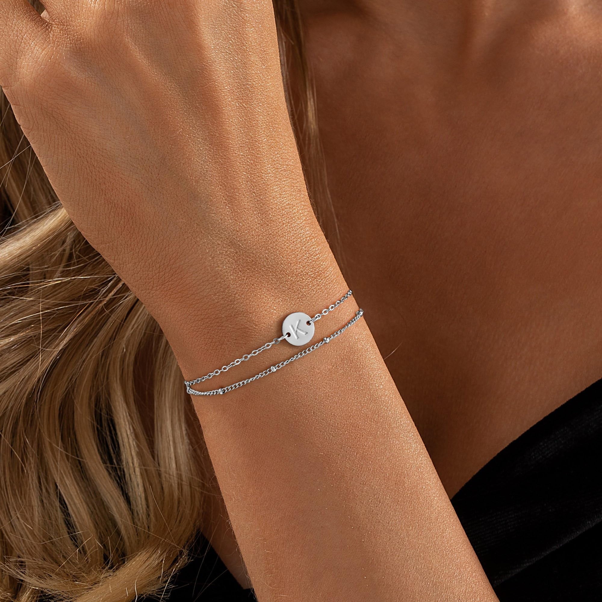 14K Plated Dainty Charm Disc Layered Initial Link Bracelet for Women Letter A-Z Jewelry Personalized Easter for Her Kids Women Girls