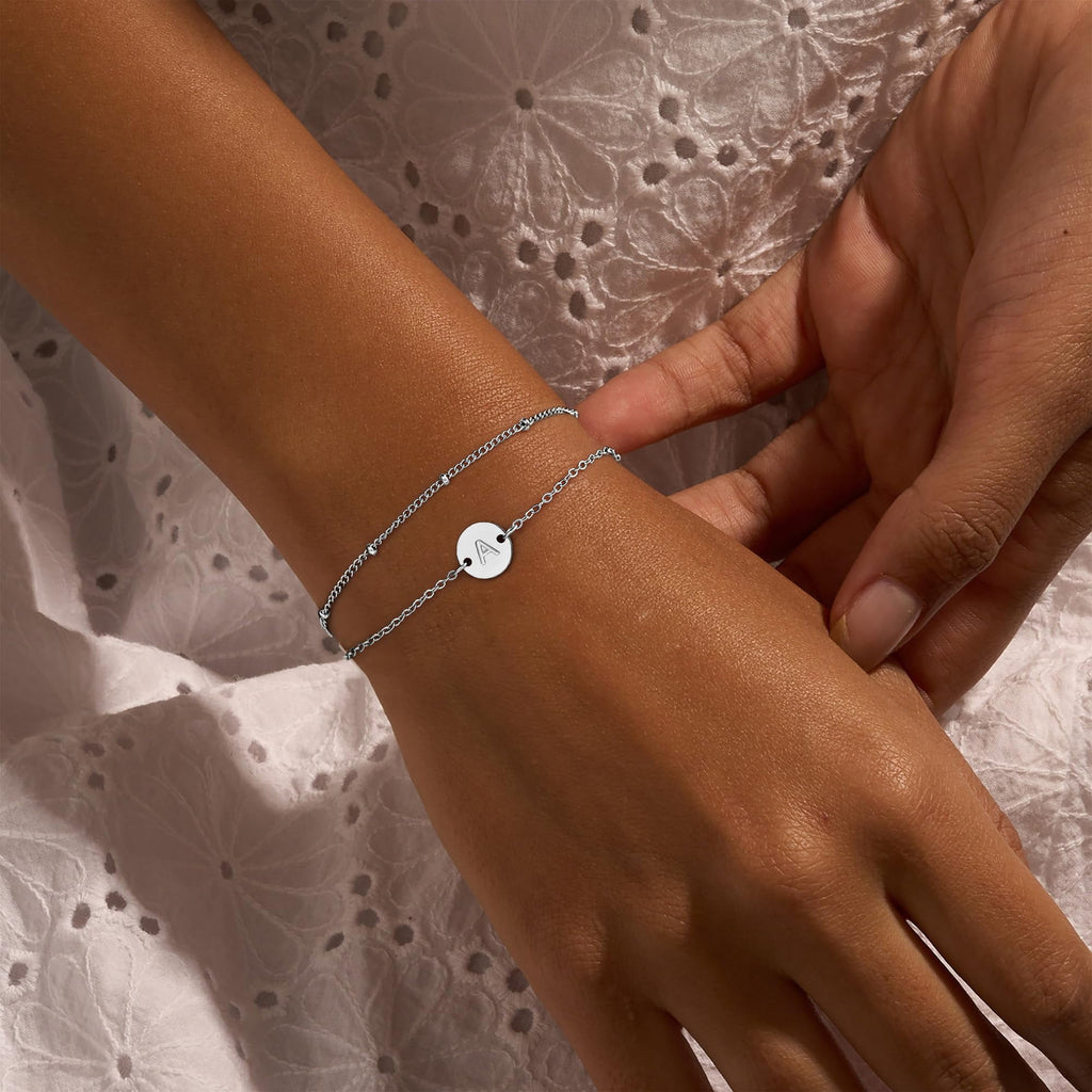 14K Plated Dainty Charm Disc Layered Initial Link Bracelet for Women Letter A-Z Jewelry Personalized Easter for Her Kids Women Girls