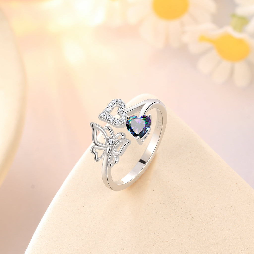 Rose Heart Ring,925 Sterling Adjustable Open Heart Rings Jewelry Gifts for Women Mom -December