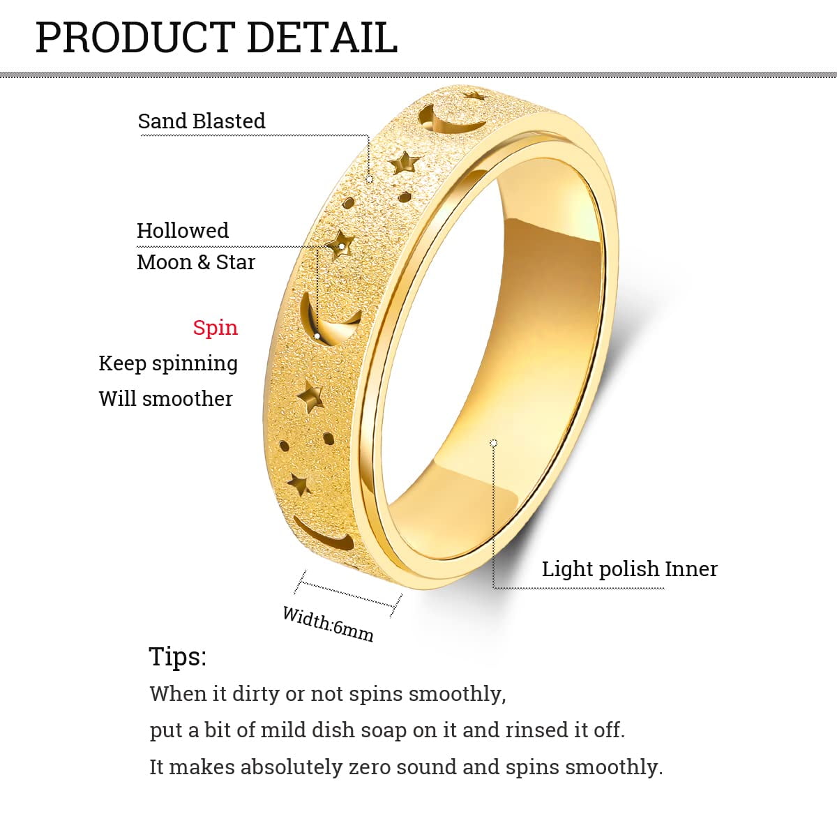 Anxiety Ring for Women Men, Anxiety Fidget Relief Spinner Rings Stainless Steel Worry Stress Relieve Ring Band Set for Anxiety Women Men，Anxiety Ring-Moon Star, Sandblasted Finished,Rainbow-Size6