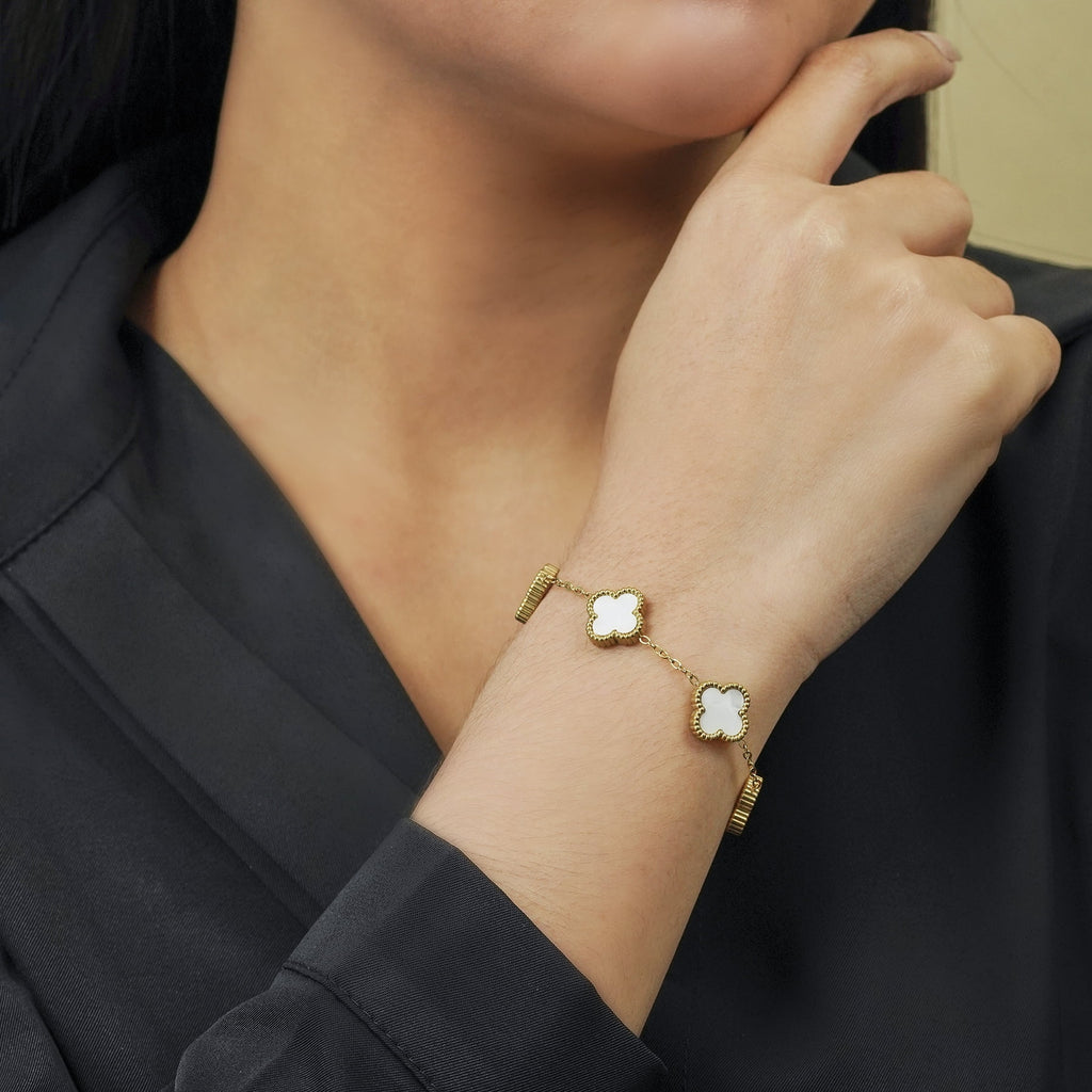 White Flower Link Bracelet in Yellow Plated