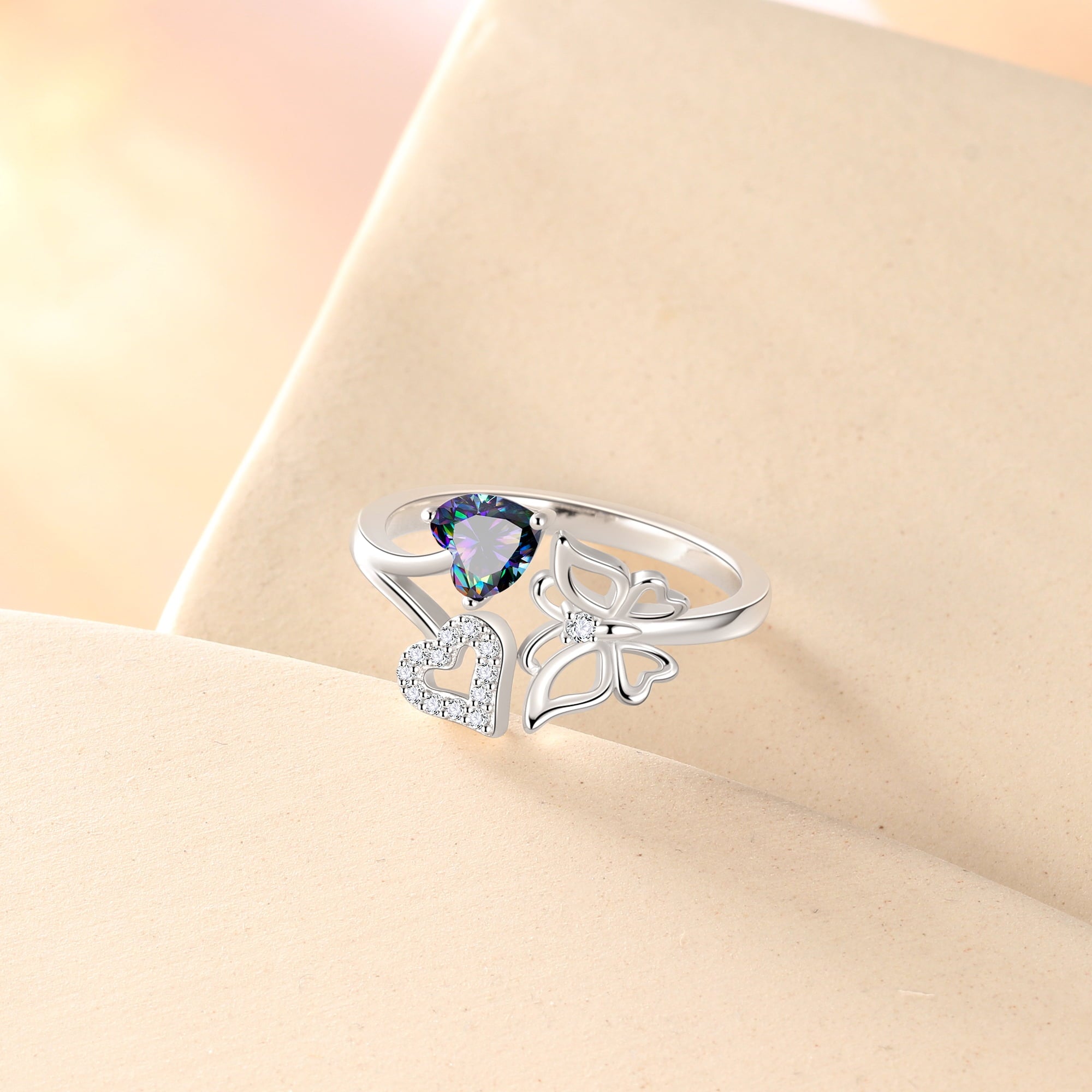 Rose Heart Ring,925 Sterling Adjustable Open Heart Rings Jewelry Gifts for Women Mom -December
