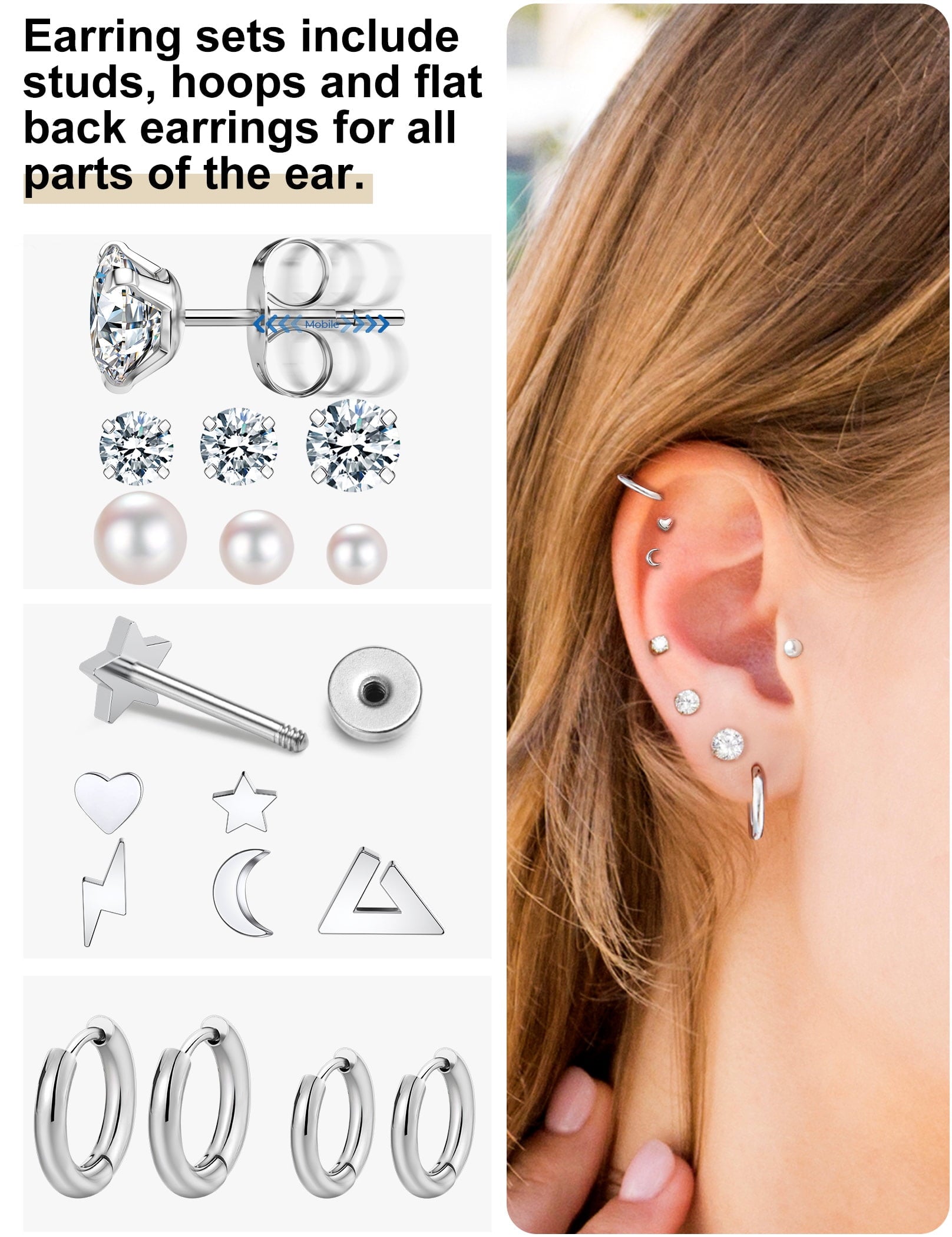 6 Pairs Stud Earrings Hypoallergenic Surgical Steel Cubic Zirconia Earrings