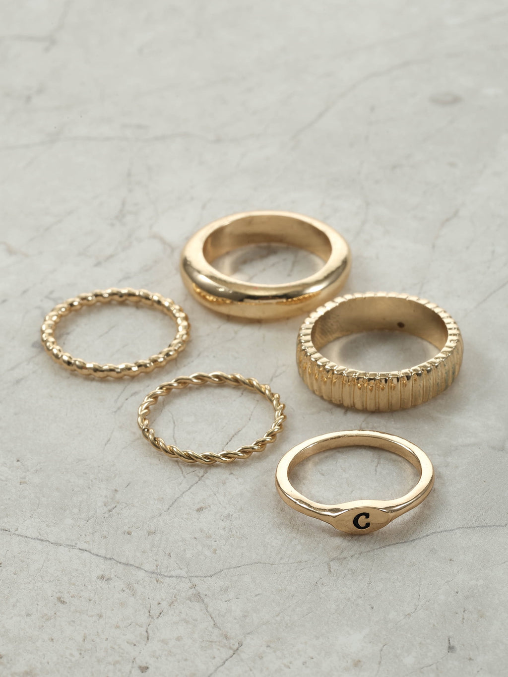 Goldtone Initial Ring Set, 5 Piece, Size 7, Initial J