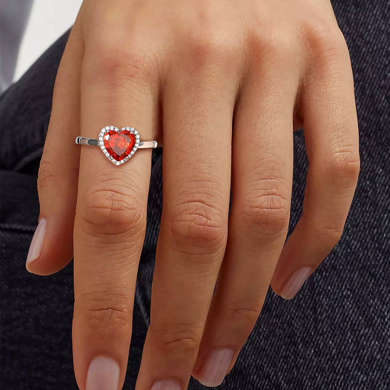S925 Sterling Heart Rings for Women Sparkle Open Band Ring July Created Ruby Rings Size 6-12