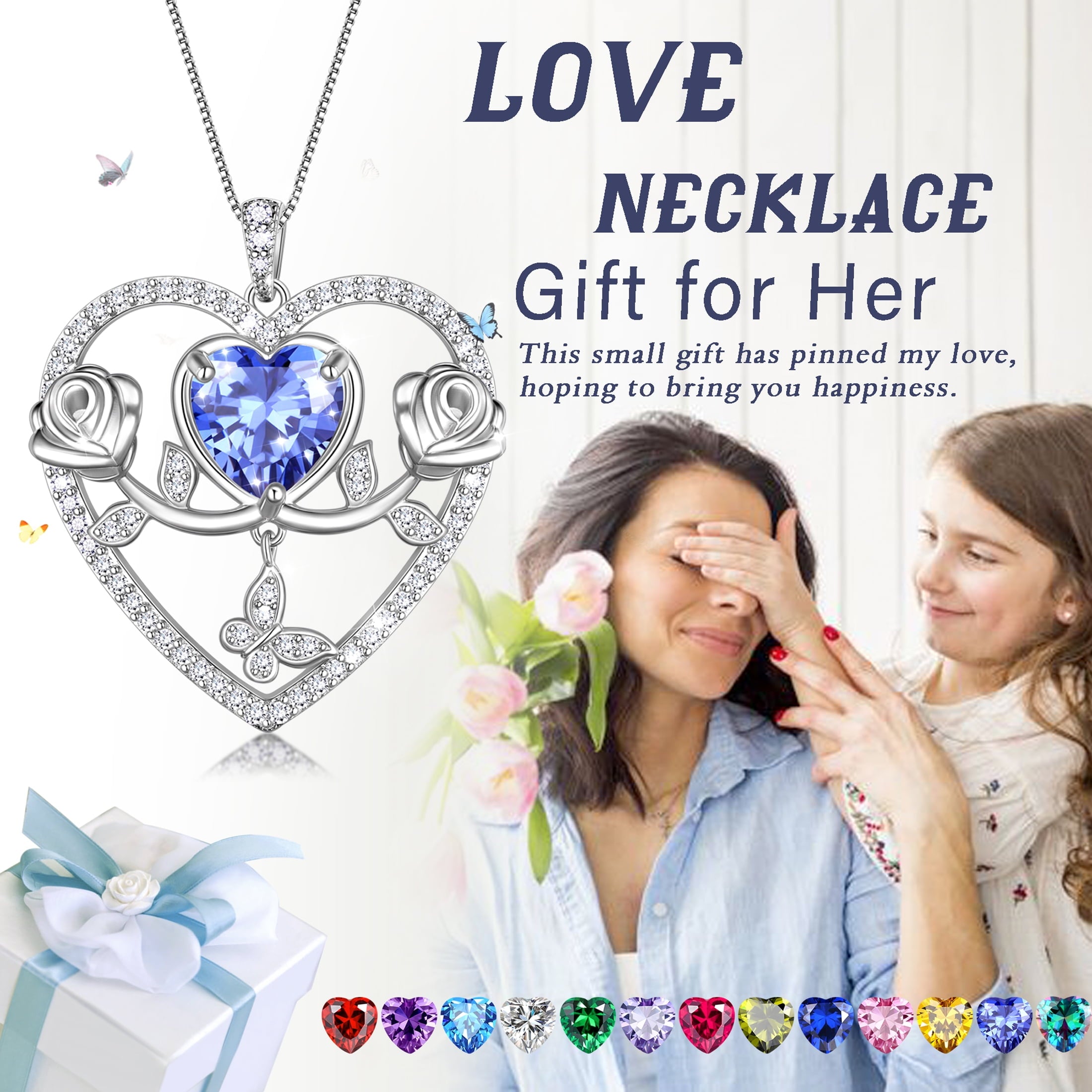 925 Sterling Necklace Rose Flower Heart Pendant Jewelry Valentines Gifts for Women Mom Wife/Lover
