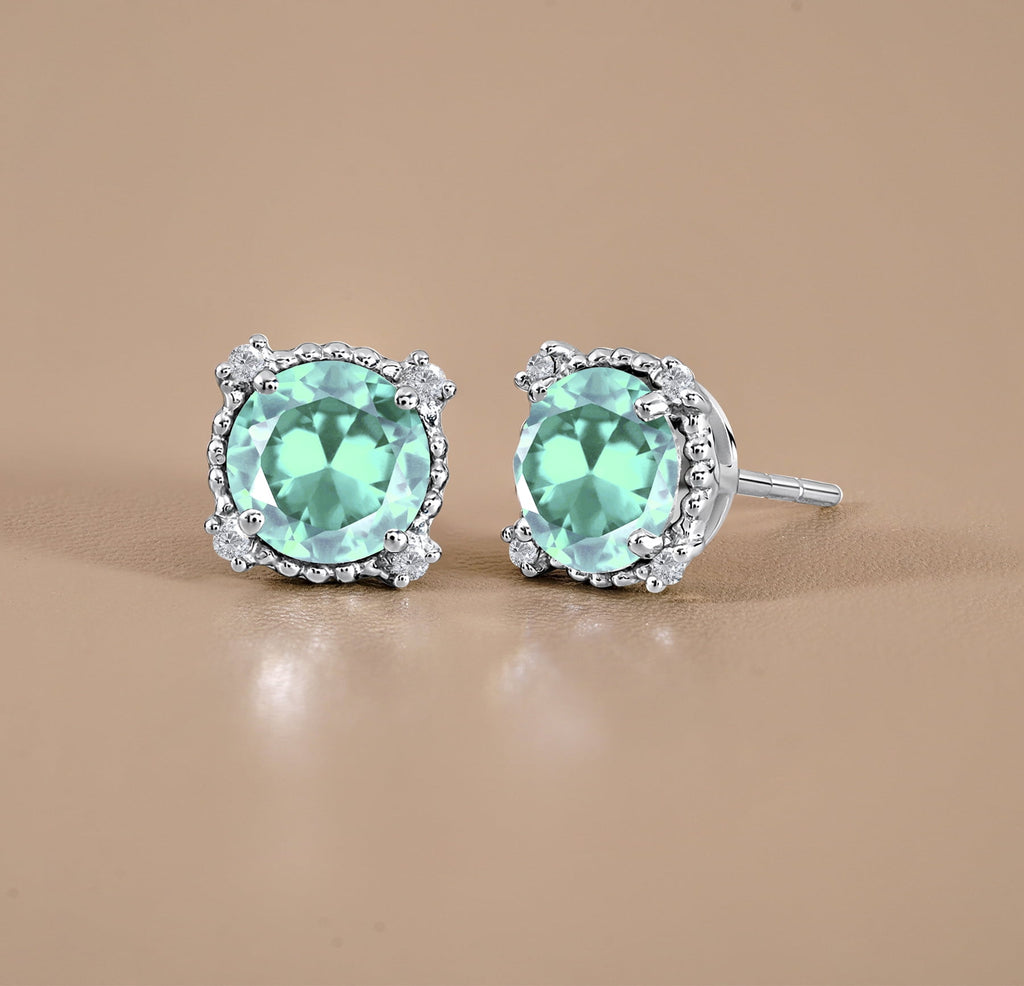 3.5 Round Cut April Stud Earrings - Halo Milgrain Earrings in 18K White Plating for Women