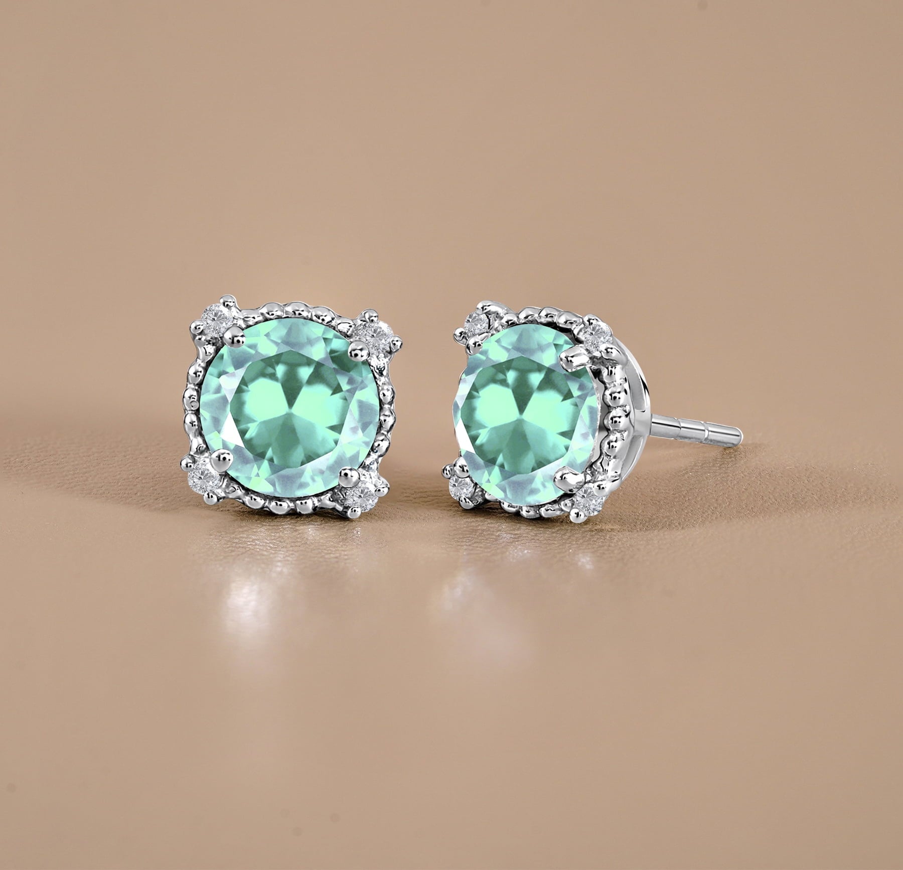 3.5 Round Cut April Stud Earrings - Halo Milgrain Earrings in 18K White Plating for Women