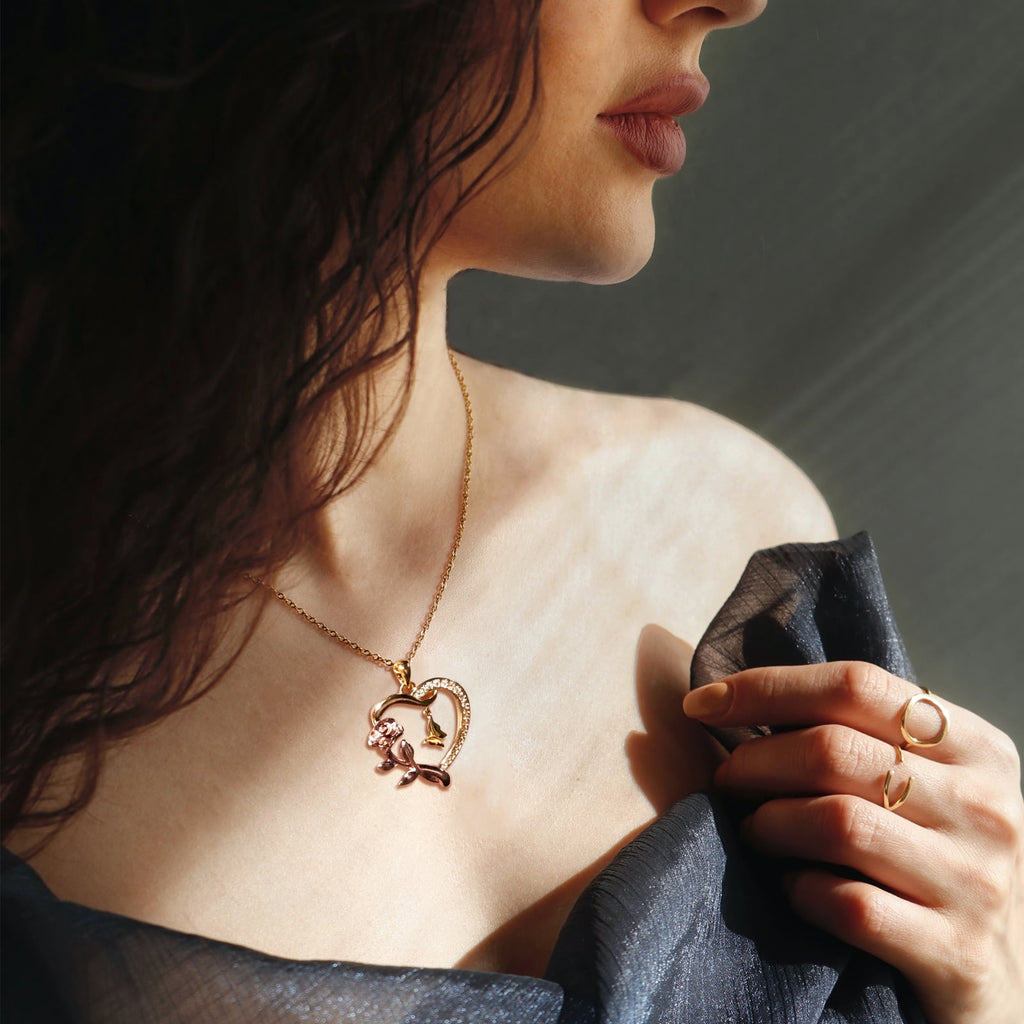 Heart Necklace for Women 14k Plated CZ Rose and Butterfly Jewelry for Women 's Day
