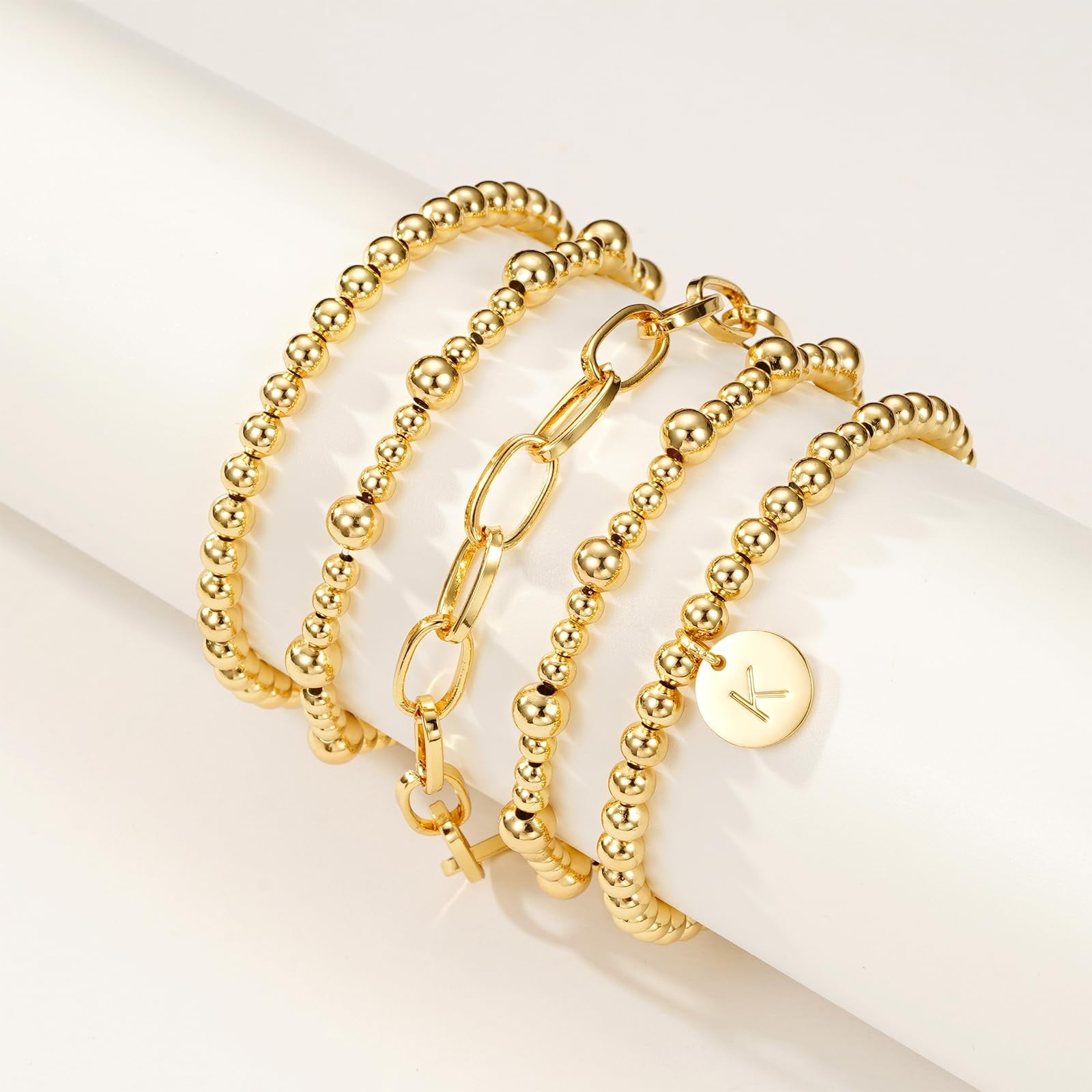 18K Plated Initial Beaded Bracelets for Women Charms Stackable Letter A Chain Bracelet Set Easter Basket Stuffers Jewelry Gifts Teen Her Girlfriend Adults Wife Daughter Lady Ideas