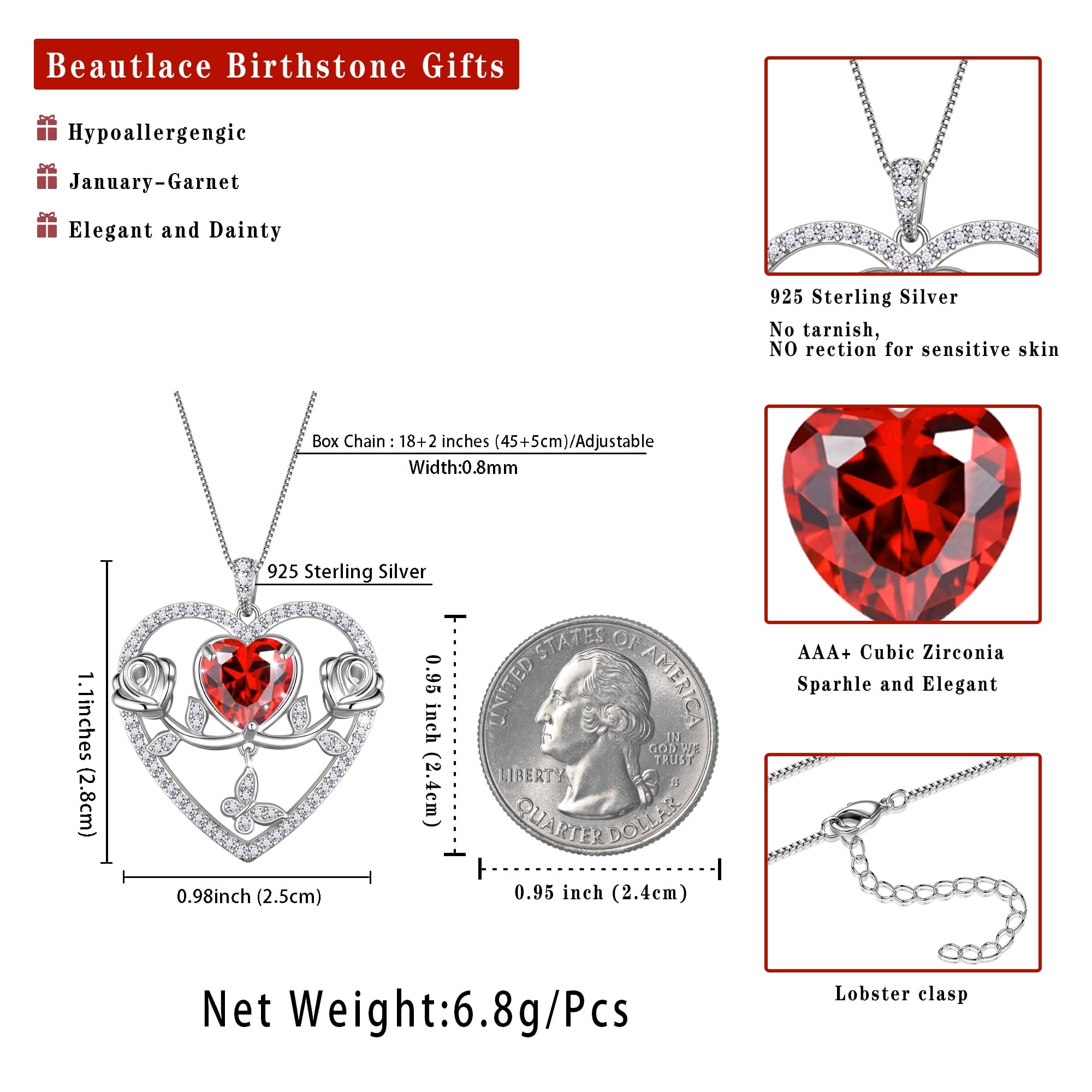 925 Sterling Necklace Rose Flower Heart Pendant Jewelry Valentines Gifts for Women Mom Wife/Lover