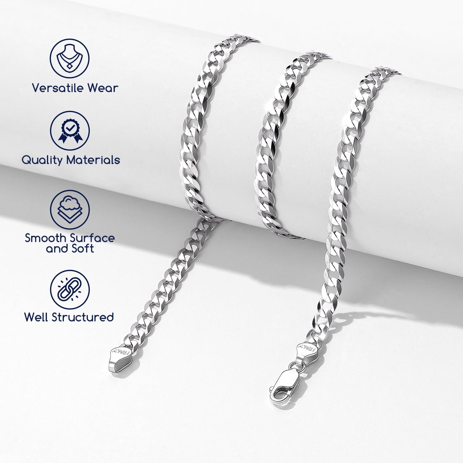 Solid 925 Sterling Chain Necklace 3mm Flat Curb Cuban Link Chain Jewelry for Men Women