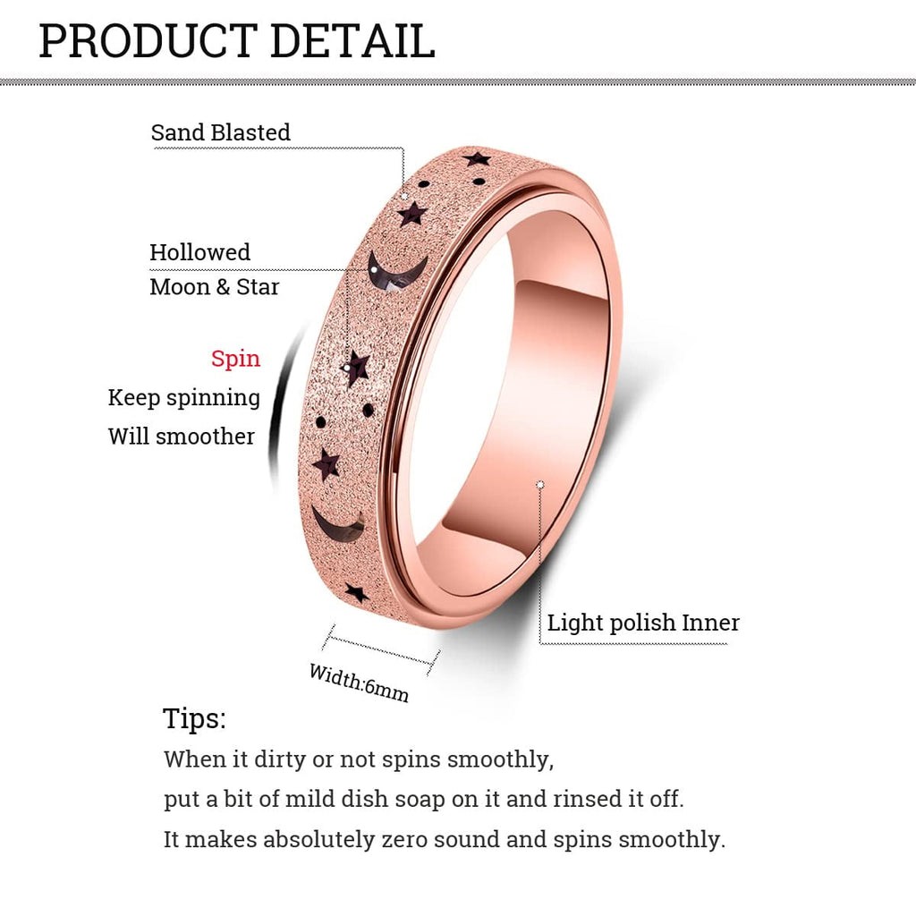 Anxiety Ring for Women Men, Anxiety Fidget Relief Spinner Rings Stainless Steel Worry Stress Relieve Ring Band Set for Anxiety Women Men，Anxiety Ring-Moon Star, Sandblasted Finished,Rainbow-Size6