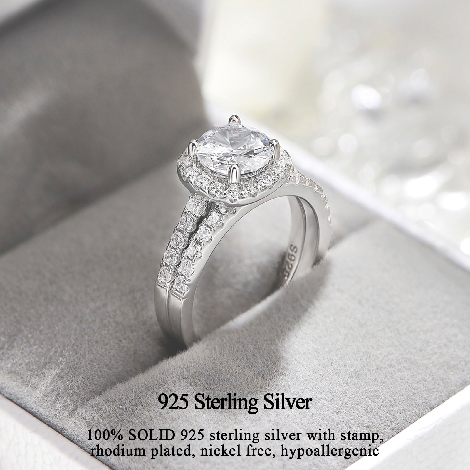 2Ct Round Cut Wedding Rings for Women Halo Engagement Ring Sets 925 Sterling CZ Size 8