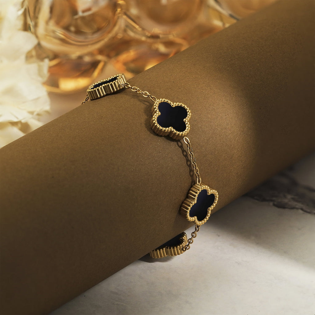 White Flower Link Bracelet in Yellow Plated