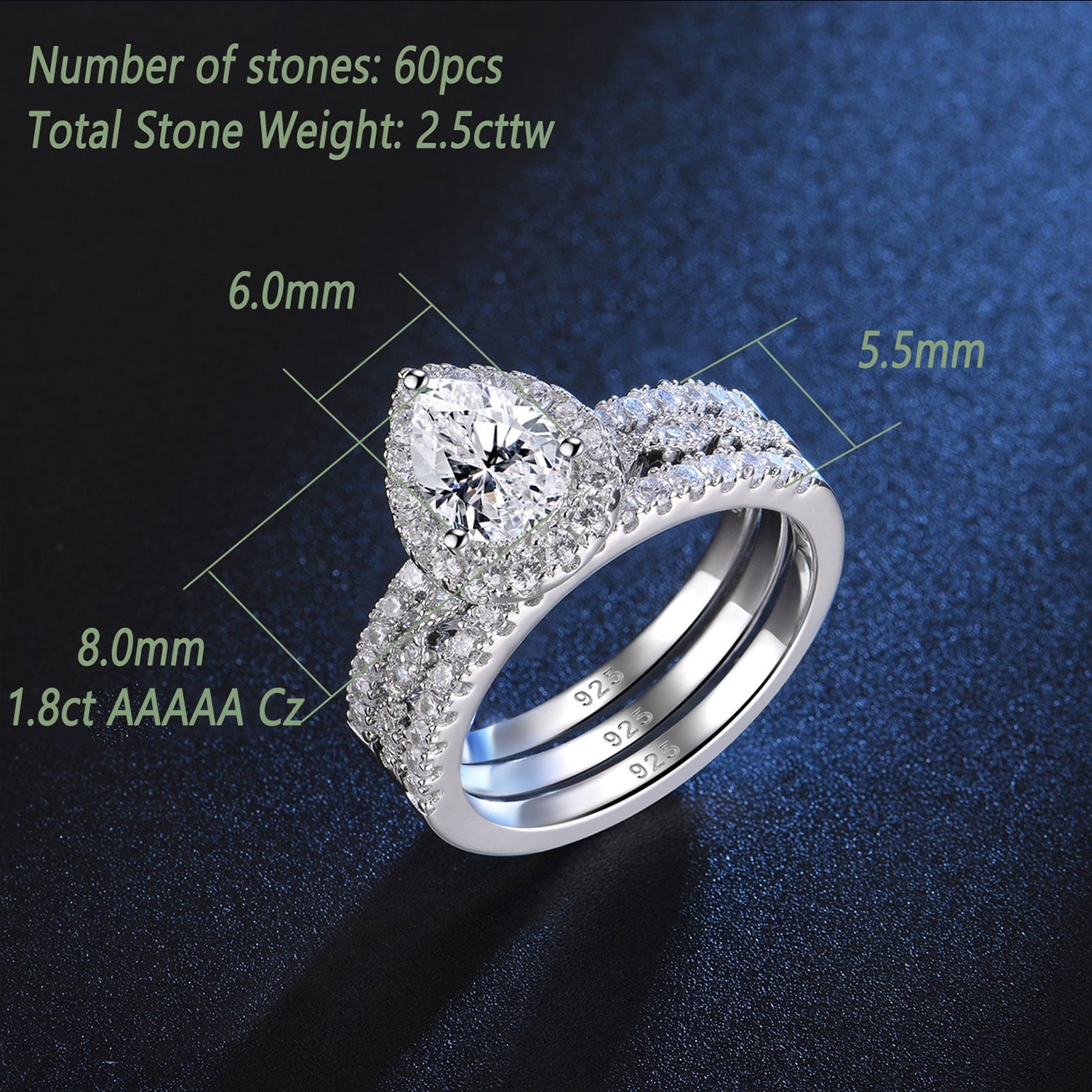 2Ct Round Cut Wedding Rings for Women Halo Engagement Ring Sets 925 Sterling CZ Size 8