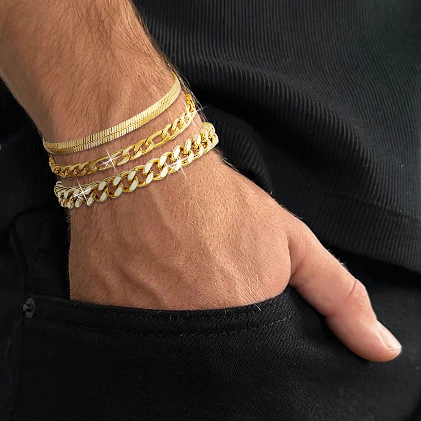 3 Pcs Sterling Plated Bracelets for Men Women Boys Charm Cuban Figaro Herringbone Chain Bracelets Set Easter Basket Stuffers Jewelry Gifts Teen Adults Kids 6.5/7/7.5/8.3/9 Inch