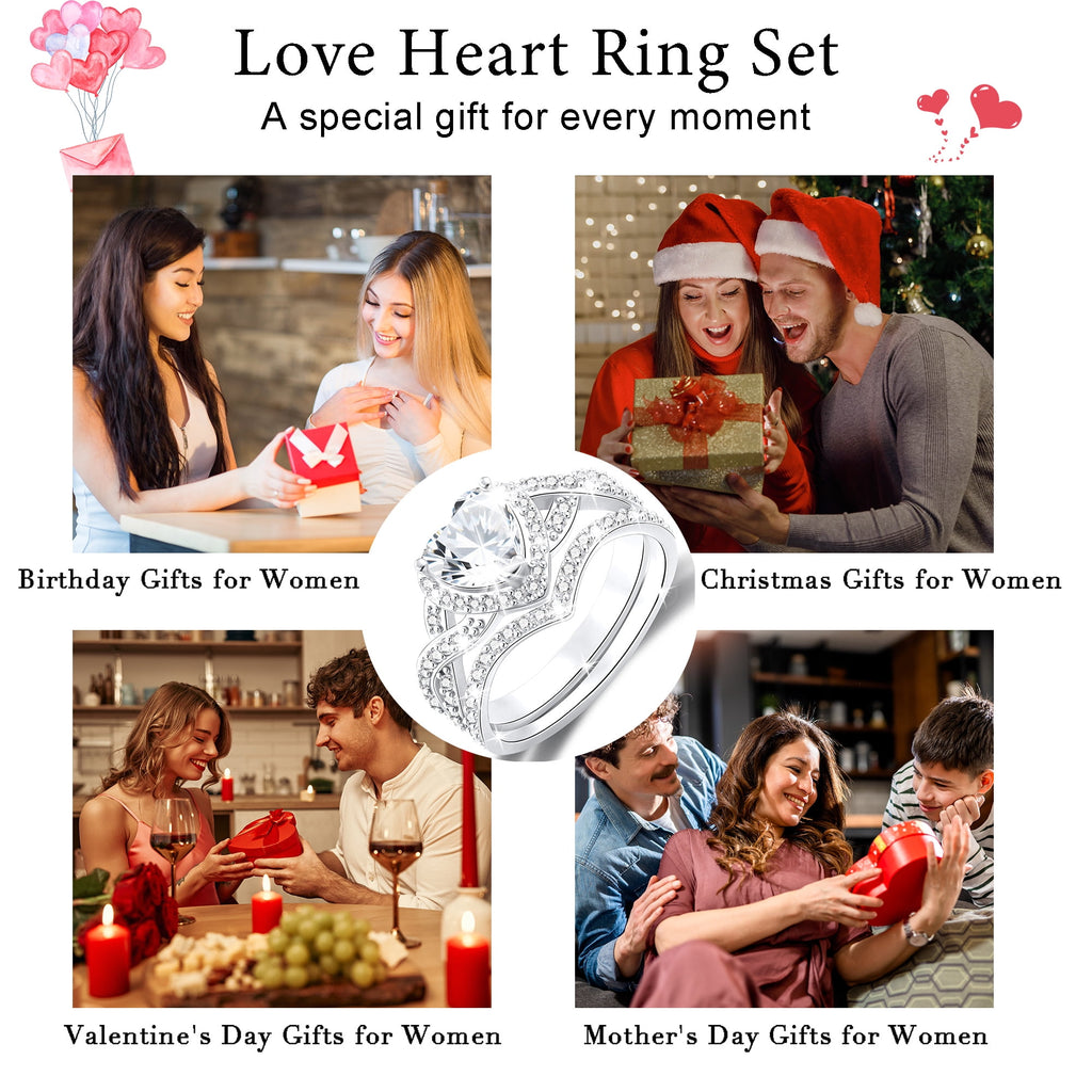 S925 Sterling Plated Heart Wedding Rings for Women CZ Eternity Band Engagement Rings Set Valentines Jewelry Gifts Her Girlfriend Wife Adults Ideas